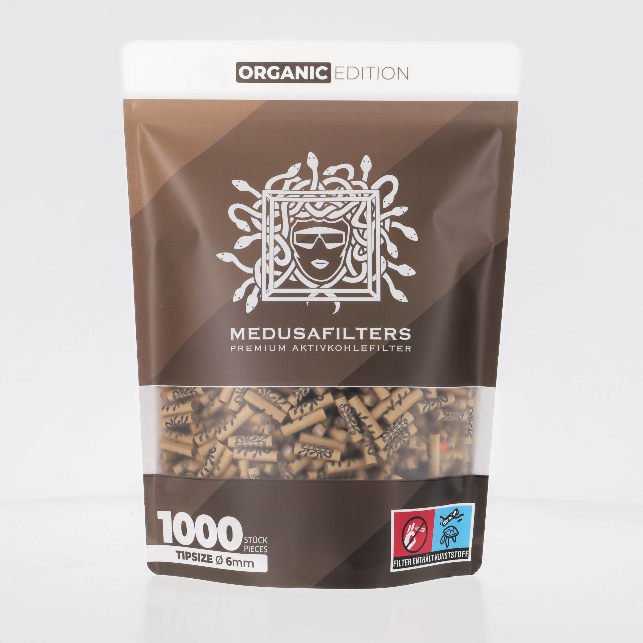 Medusafilters Premium Aktivkohlefilter mit Kokosnuss-Aktivkohle und veganen Fasercaps 1000er Packung ORGANIC Edition Tip Size 6 mm Frontansicht