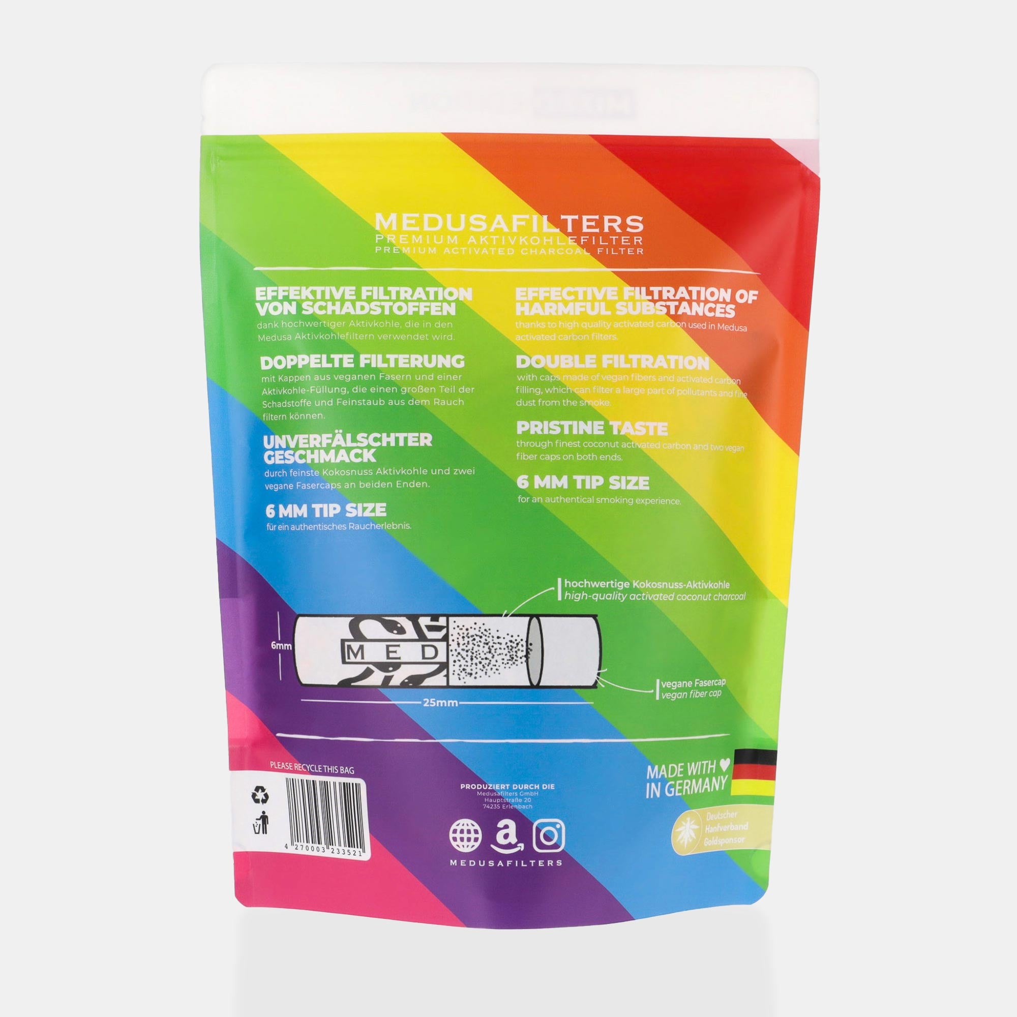 Medusafilters Premium Aktivkohlefilter mit Kokosnuss-Aktivkohle und veganen Fasercaps 1000er Packung MIXED Edition Tip Size 6 mm Rückseite
