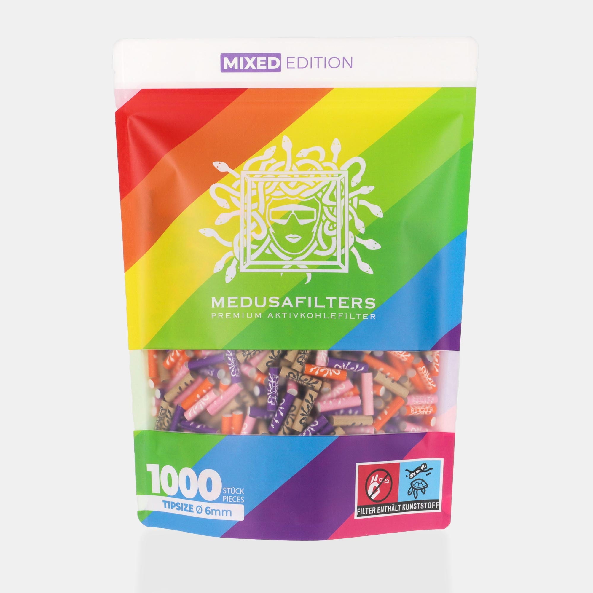 Medusafilters Premium Aktivkohlefilter mit Kokosnuss-Aktivkohle und veganen Fasercaps 1000er Packung MIXED Edition Tip Size 6 mm Frontansicht