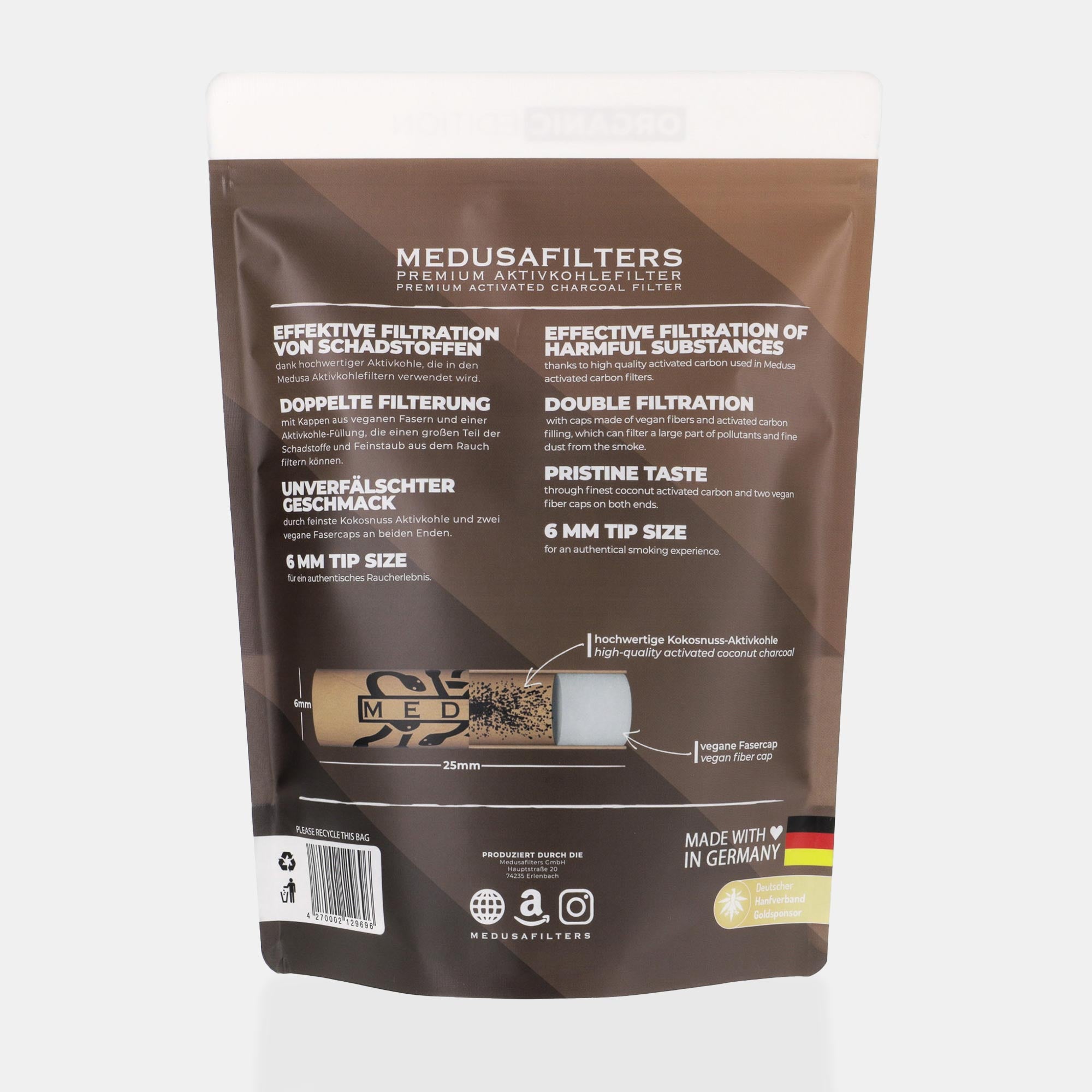 Medusafilters Premium Aktivkohlefilter mit Kokosnuss-Aktivkohle und veganen Fasercaps 1000er Packung ORGANIC Edition Tip Size 6 mm Rückseite