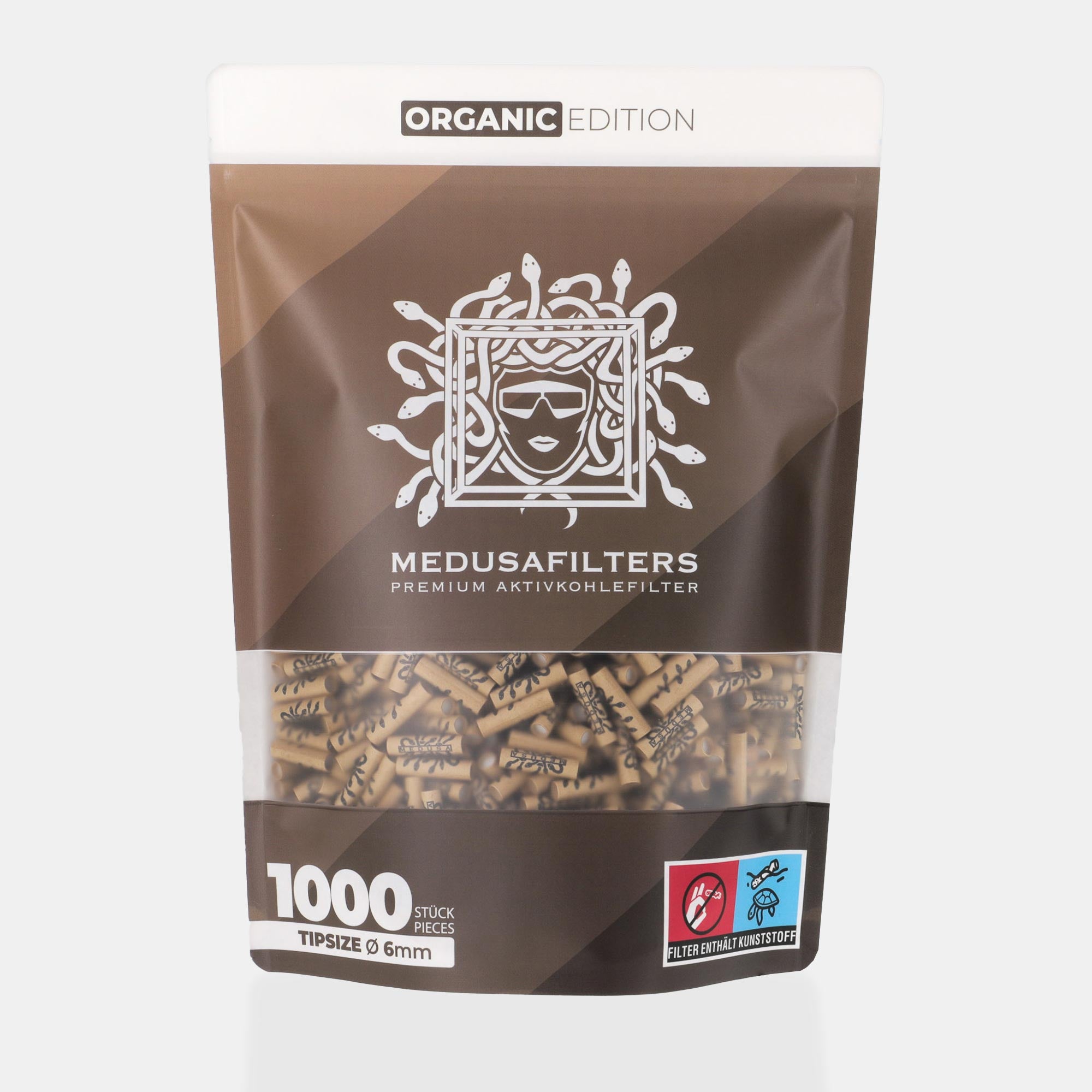 Medusafilters Premium Aktivkohlefilter mit Kokosnuss-Aktivkohle und veganen Fasercaps 1000er Packung ORGANIC Edition Tip Size 6 mm Frontansicht