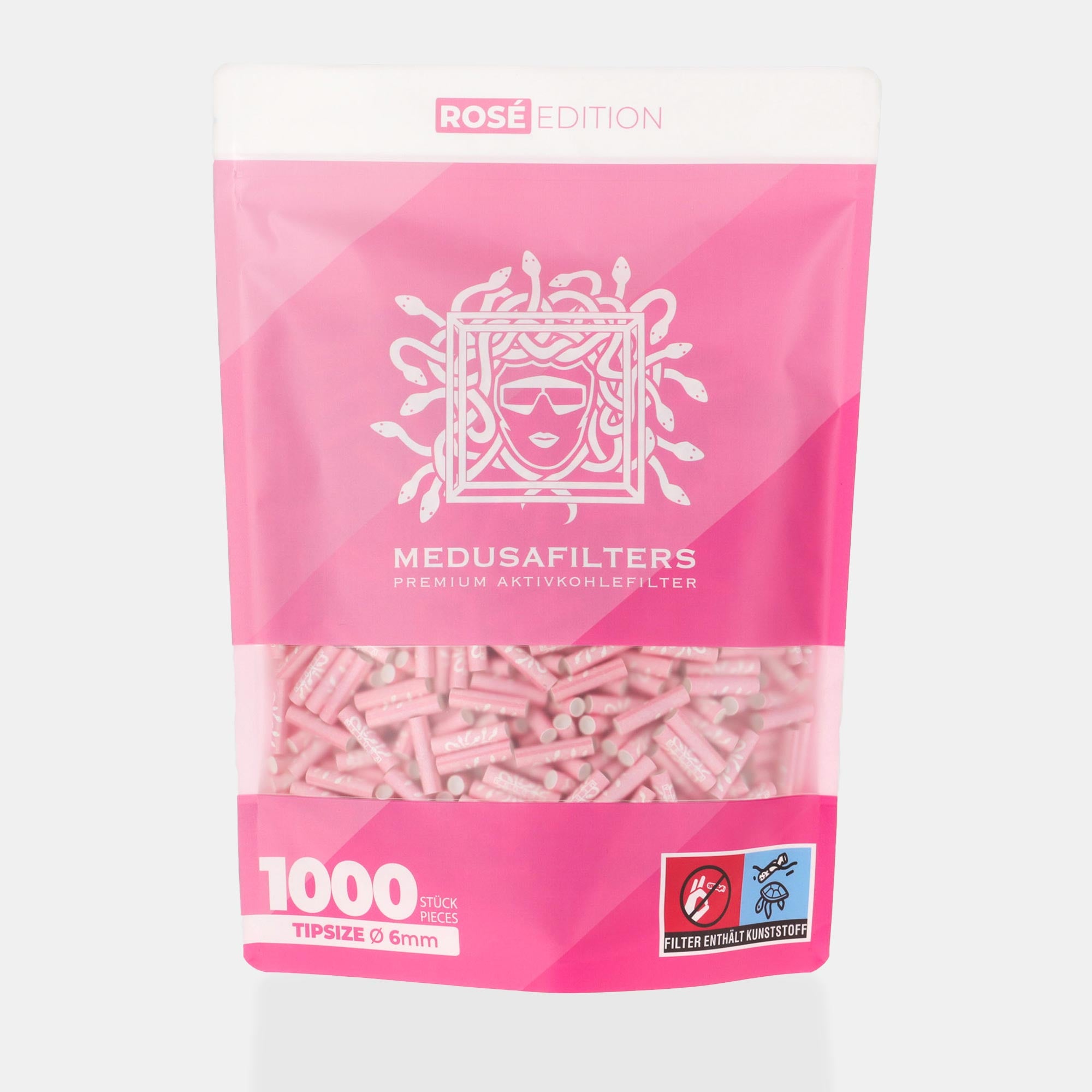 Medusafilters Premium Aktivkohlefilter mit Kokosnuss-Aktivkohle und veganen Fasercaps 1000er Packung ROSÉ Edition Tip Size 6 mm Frontansicht