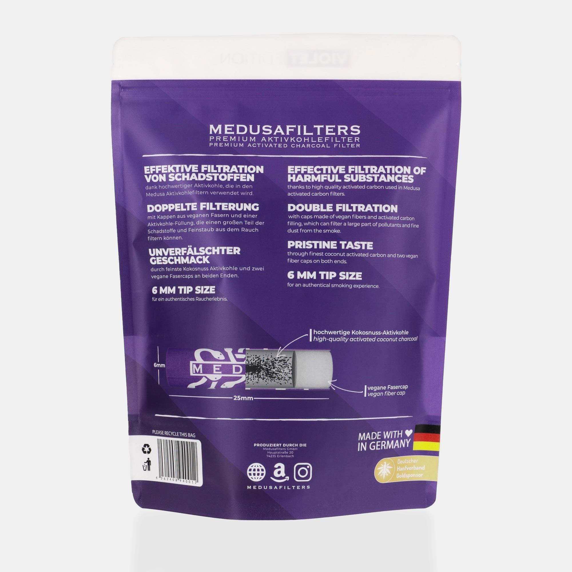Medusafilters Premium Aktivkohlefilter mit Kokosnuss-Aktivkohle und veganen Fasercaps 1000er Packung VIOLET Edition Tip Size 6 mm Rückseite