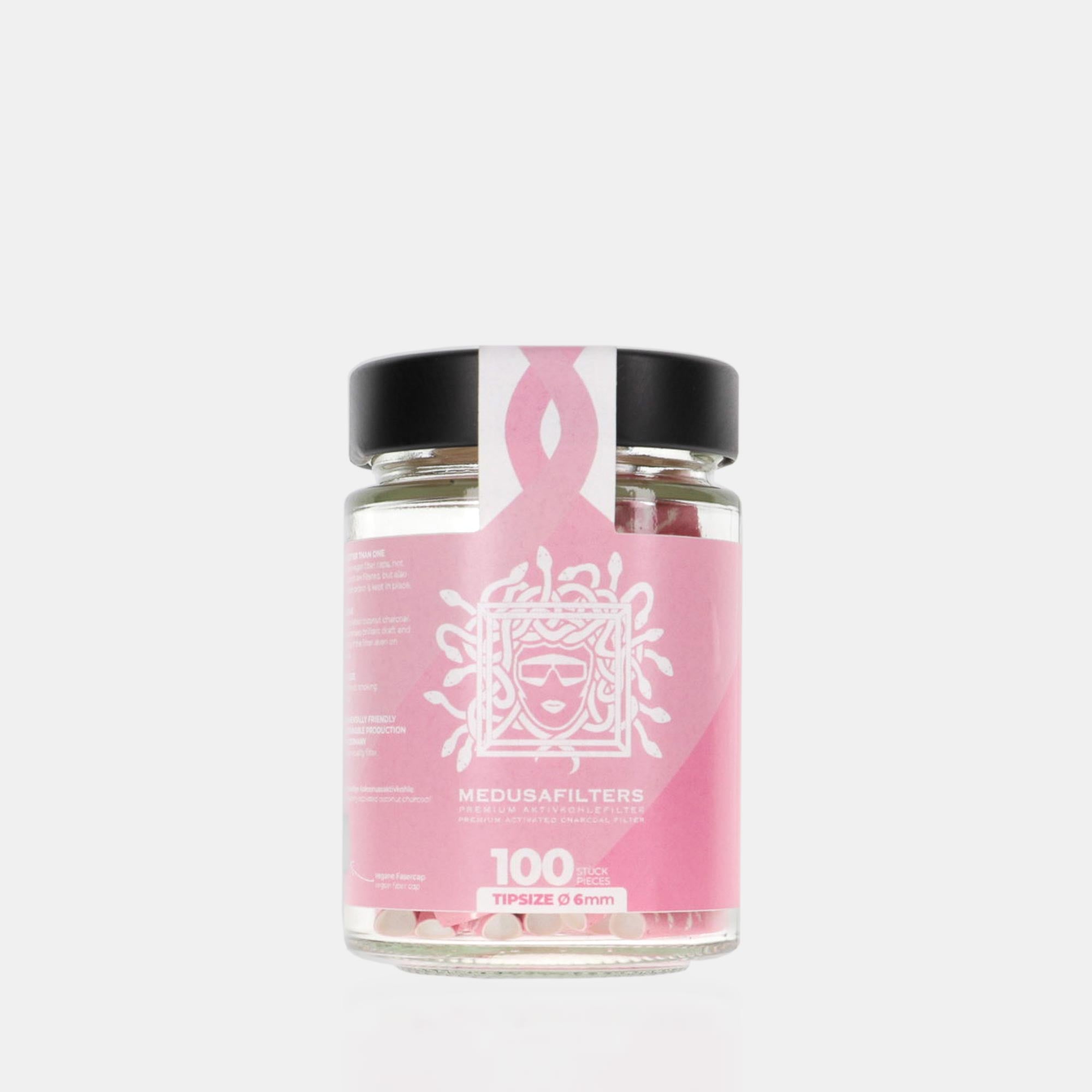 Medusafilters Premium Aktivkohlefilter mit Kokosnuss-Aktivkohle und veganen Fasercaps 100er Glas ROSÉ Edition Tip Size 6 mm Frontansicht
