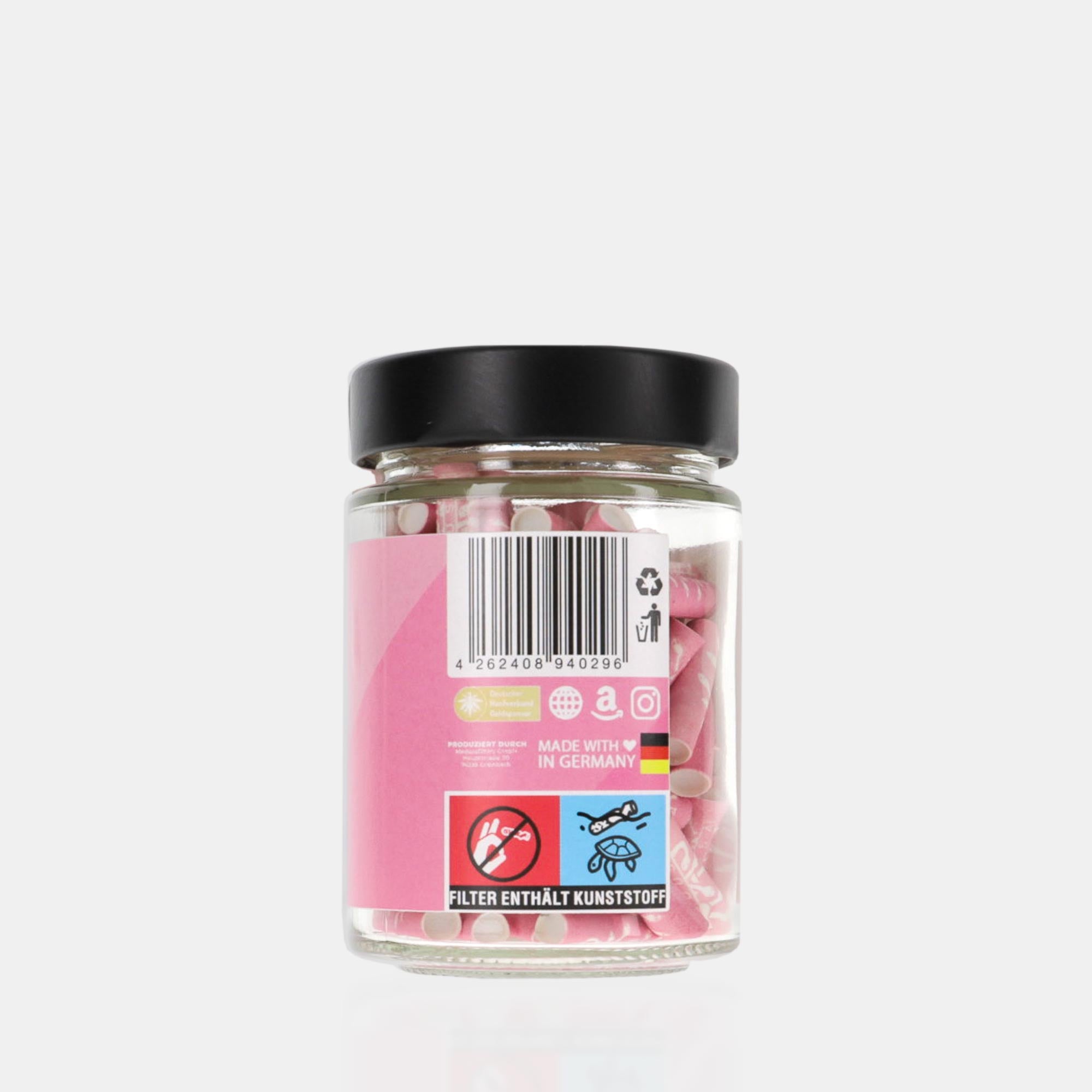 Medusafilters Premium Aktivkohlefilter mit Kokosnuss-Aktivkohle und veganen Fasercaps 100er Glas ROSÉ Edition Tip Size 6 mm Seitenansicht