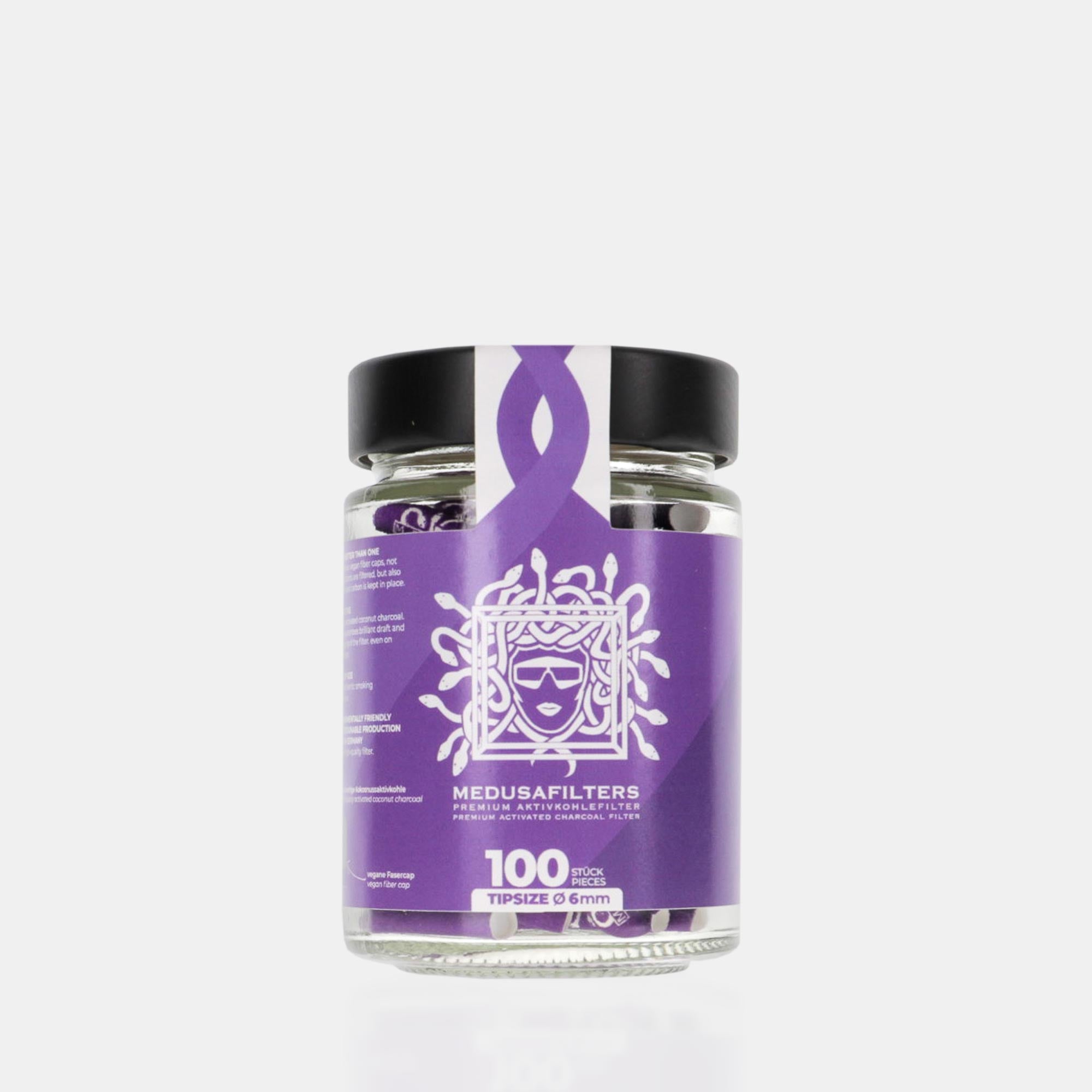 Medusafilters Premium Aktivkohlefilter mit Kokosnuss-Aktivkohle und veganen Fasercaps 100er Glas VIOLET Edition Tip Size 6 mm Frontansicht