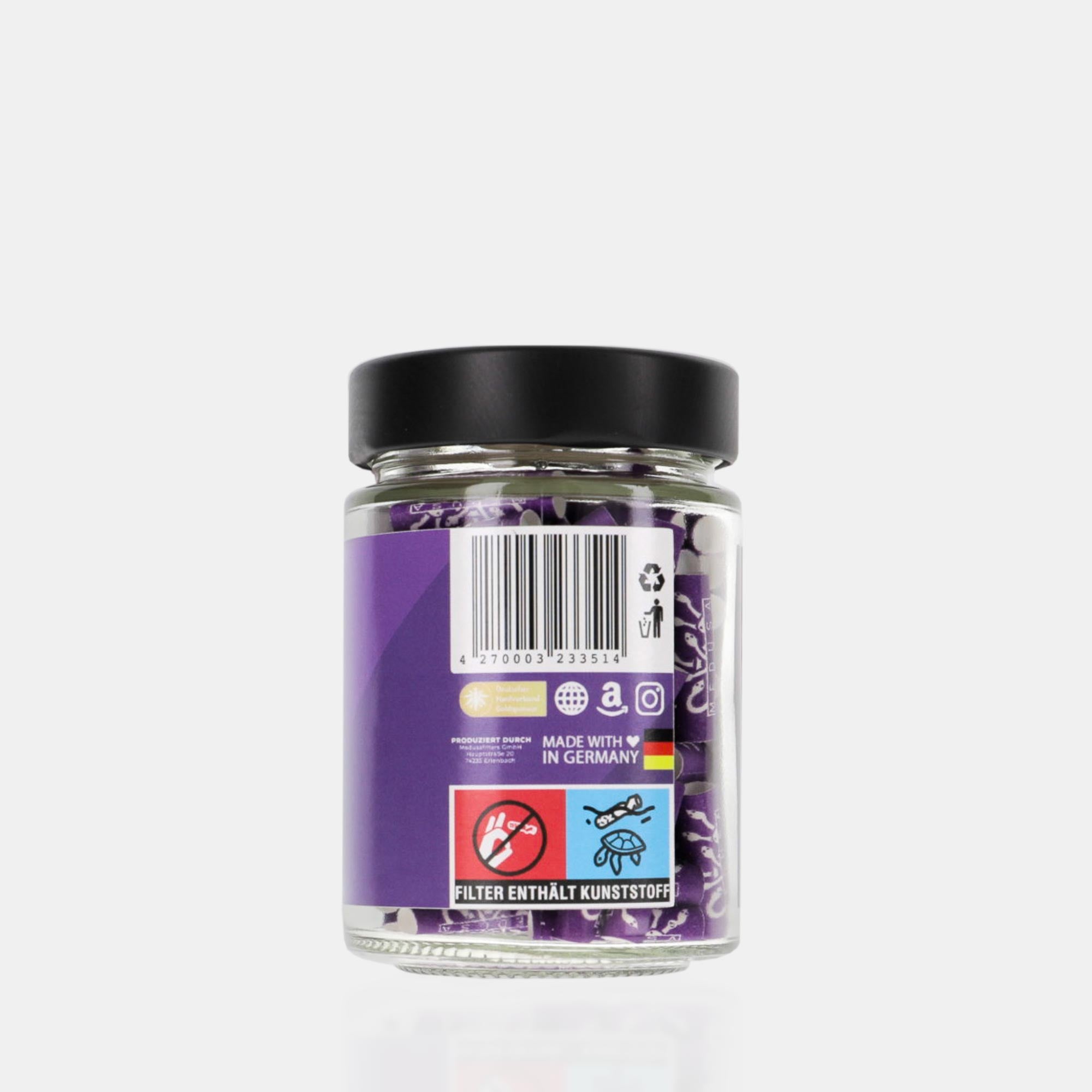 Medusafilters Premium Aktivkohlefilter mit Kokosnuss-Aktivkohle und veganen Fasercaps 100er Glas VIOLET Edition Tip Size 6 mm Seitenansicht