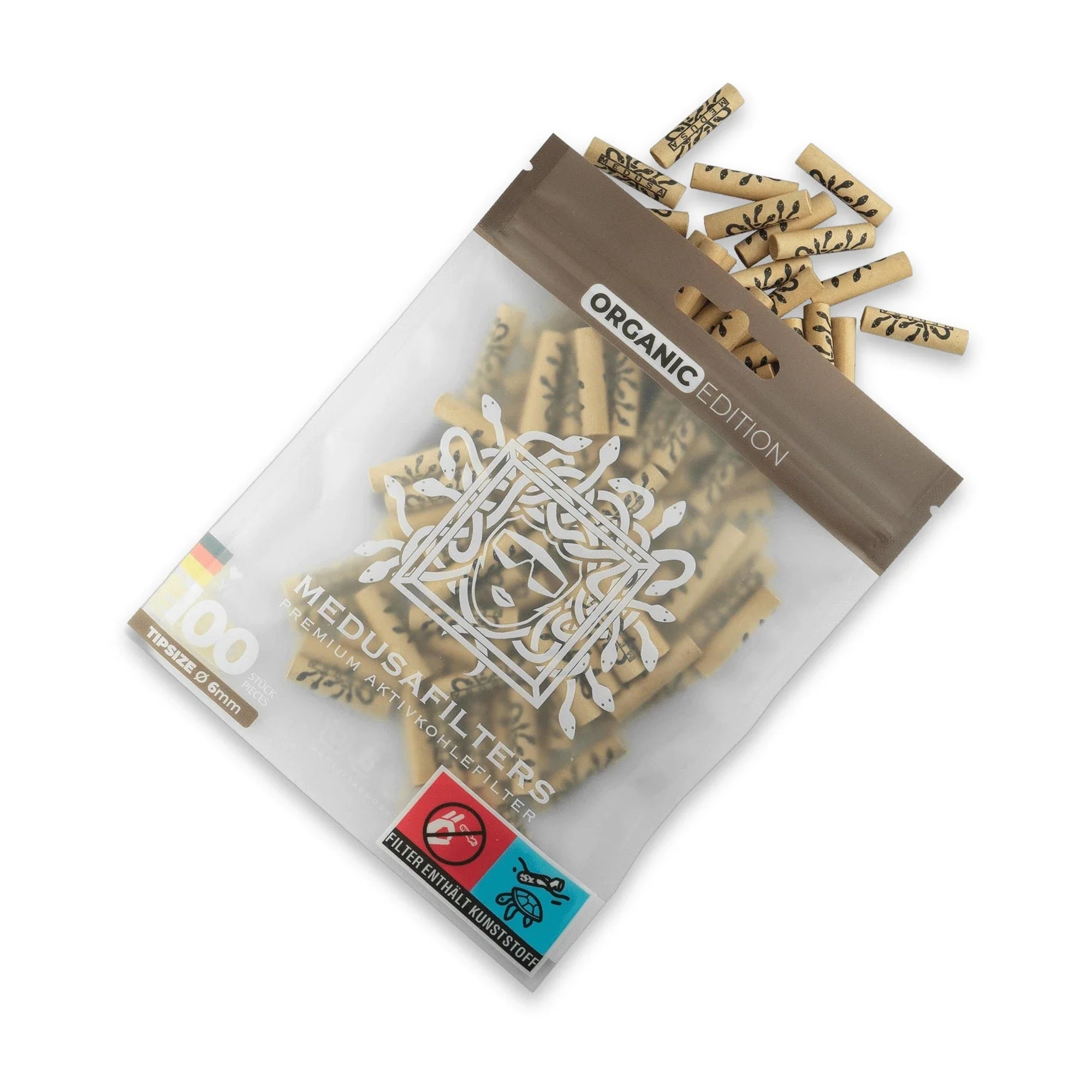 Medusafilters Aktivkohlefilter 100er Packung ORGANIC Edition – vegane 6 mm Tips mit Kokosnuss-Aktivkohle, Made in Germany