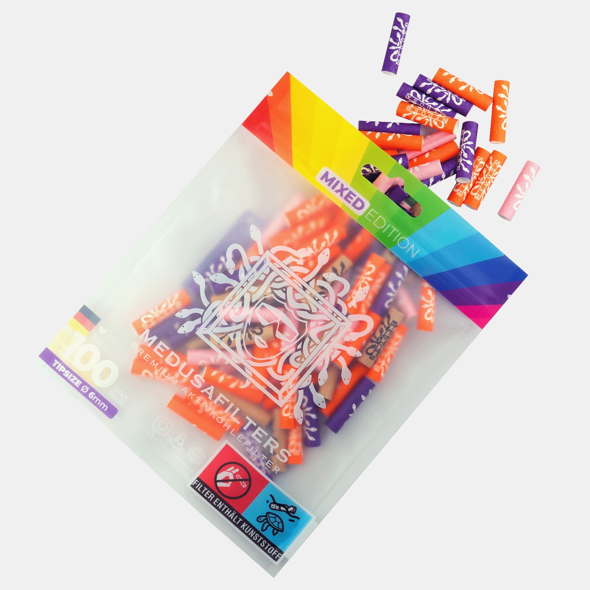 Medusafilters Premium Aktivkohlefilter mit Kokosnuss-Aktivkohle und veganen Fasercaps 100er Packung MIXED Edition Tip Size 6 mm Frontansicht