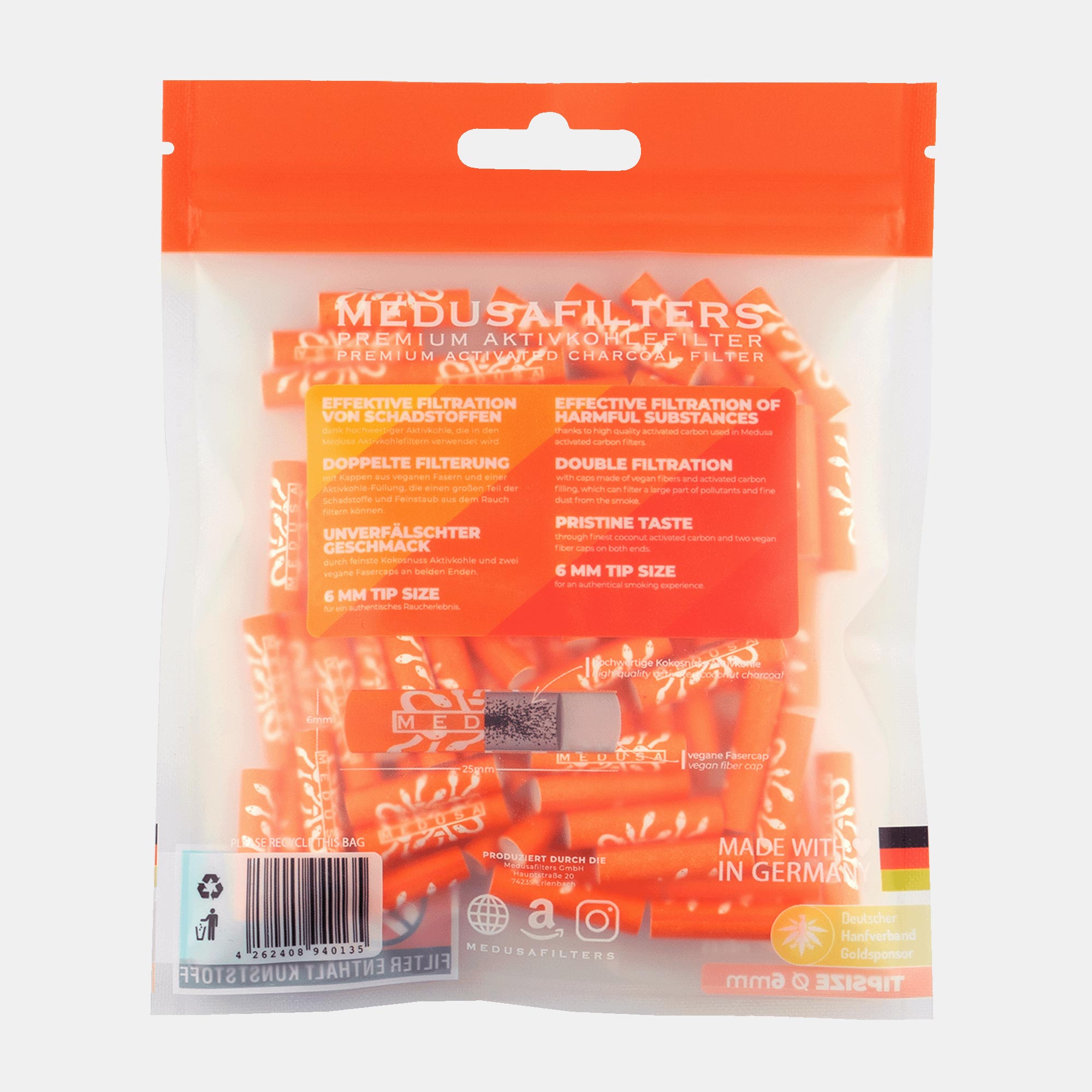 Medusafilters Premium Aktivkohlefilter mit Kokosnuss-Aktivkohle und veganen Fasercaps 100er Packung SUNSET Edition Tip Size 6 mm Rückseite