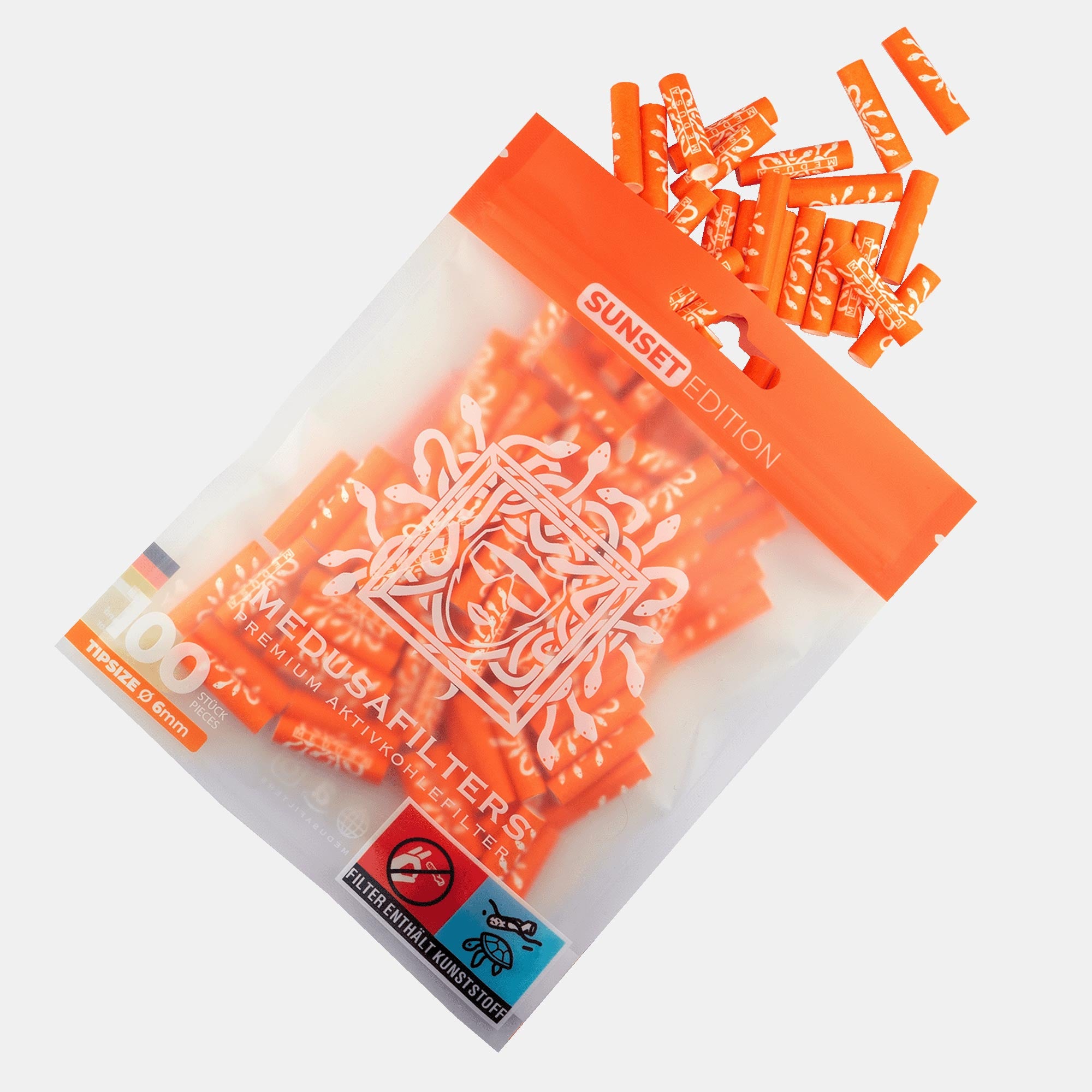 Medusafilters Premium Aktivkohlefilter mit Kokosnuss-Aktivkohle und veganen Fasercaps 100er Packung SUNSET Edition Tip Size 6 mm Frontansicht