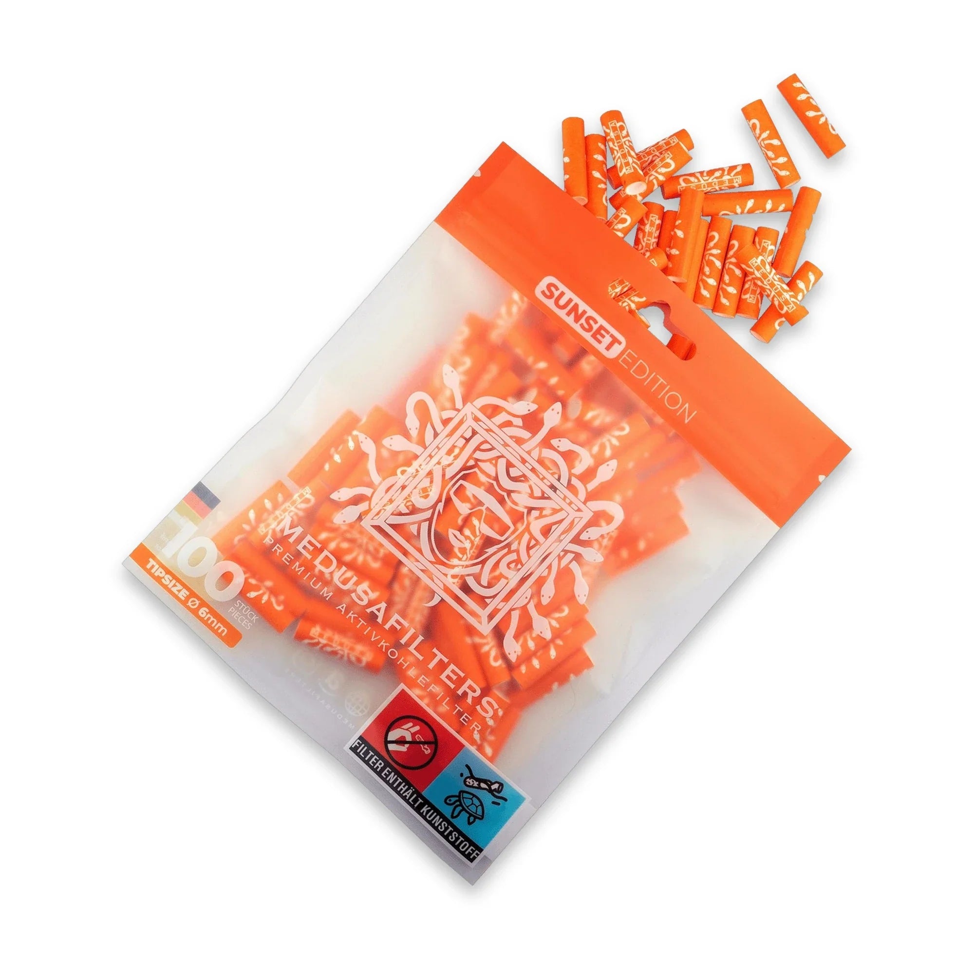 Medusafilters Aktivkohlefilter 100er Packung SUNSET Edition – vegane 6 mm Tips mit Kokosnuss-Aktivkohle, Made in Germany