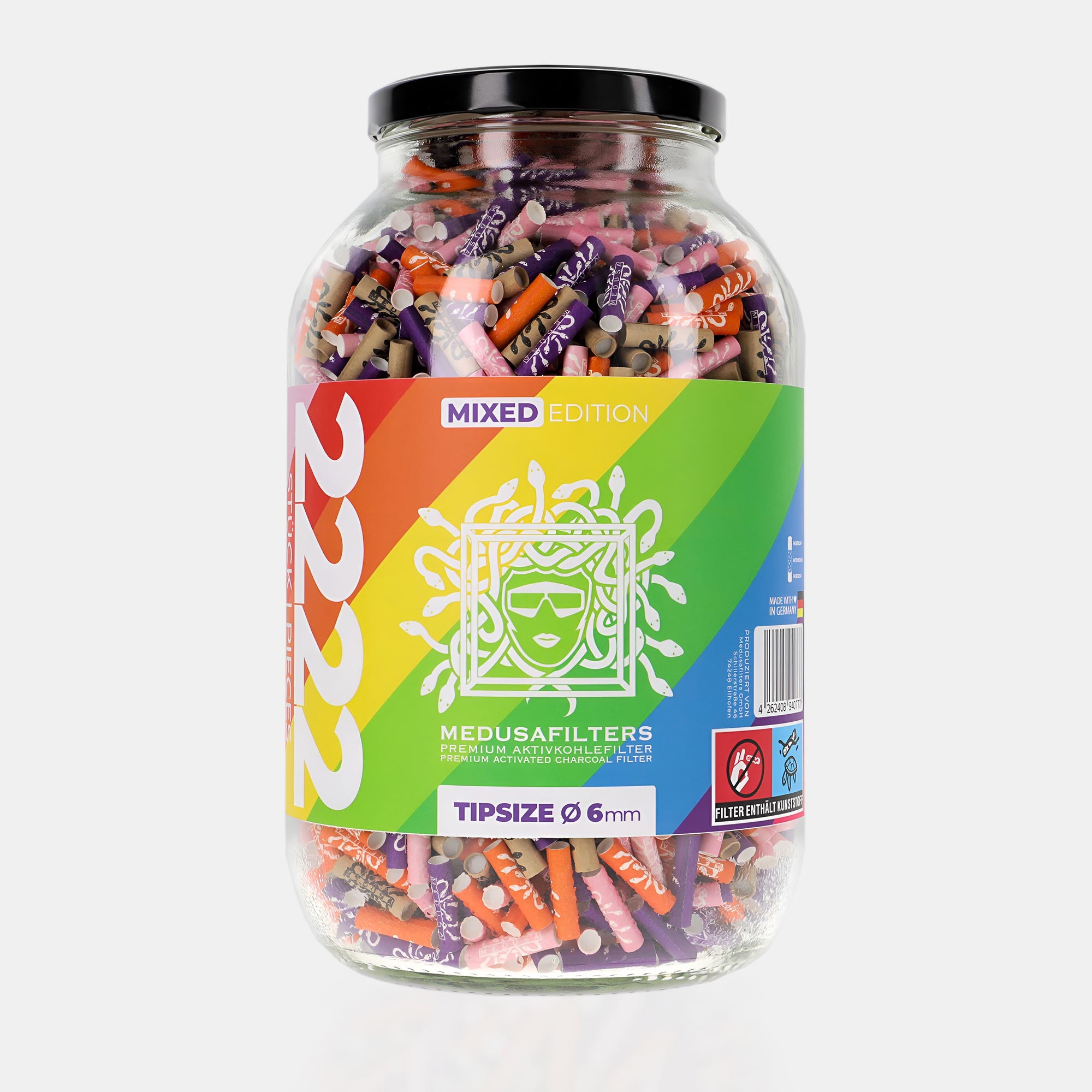 Medusafilters Premium Aktivkohlefilter mit Kokosnuss-Aktivkohle und veganen Fasercaps 2222er Glas MIXED Edition Tip Size 6 mm Frontansicht
