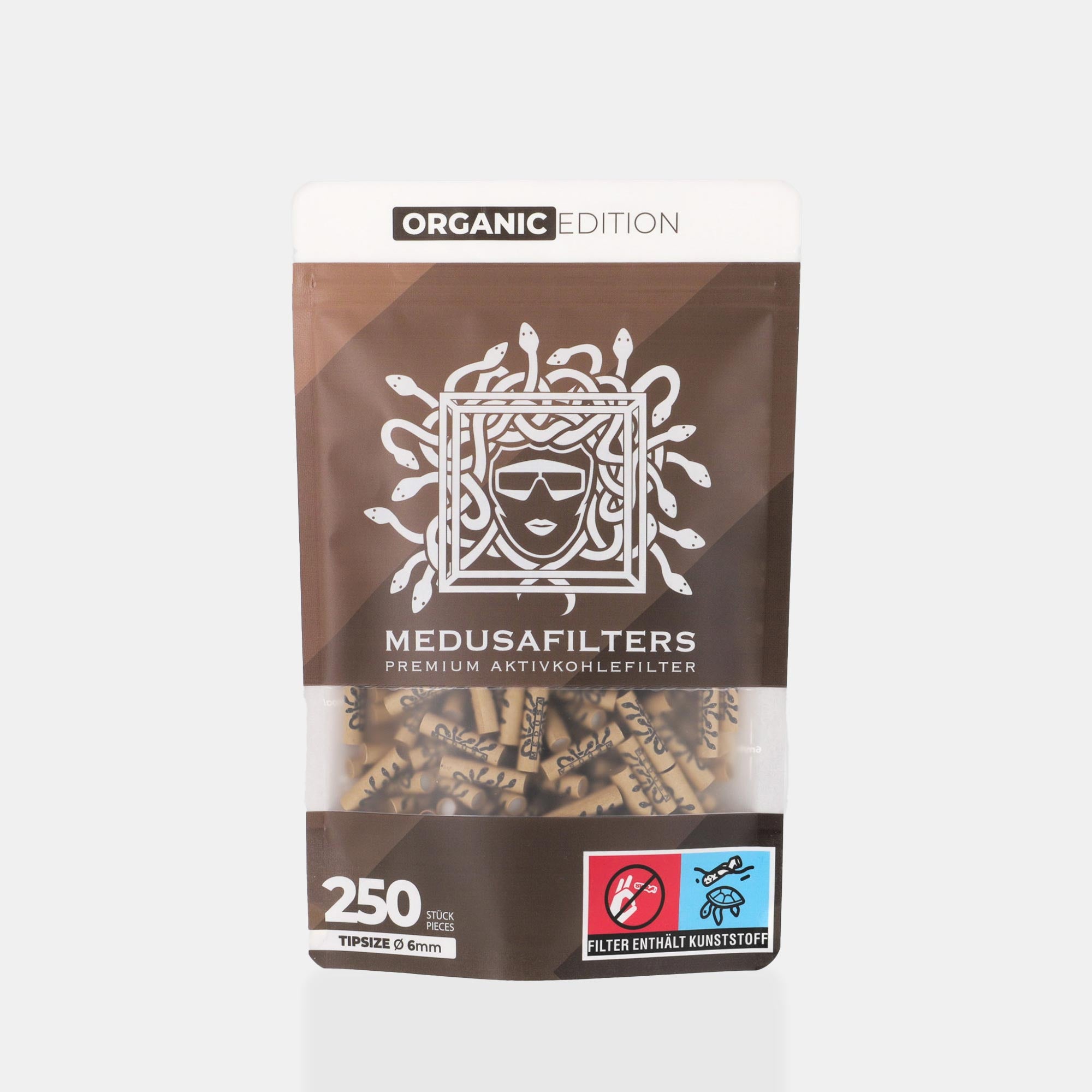 Medusafilters Premium Aktivkohlefilter mit Kokosnuss-Aktivkohle und veganen Fasercaps 250er Packung ORGANIC Edition Tip Size 6 mm Frontansicht