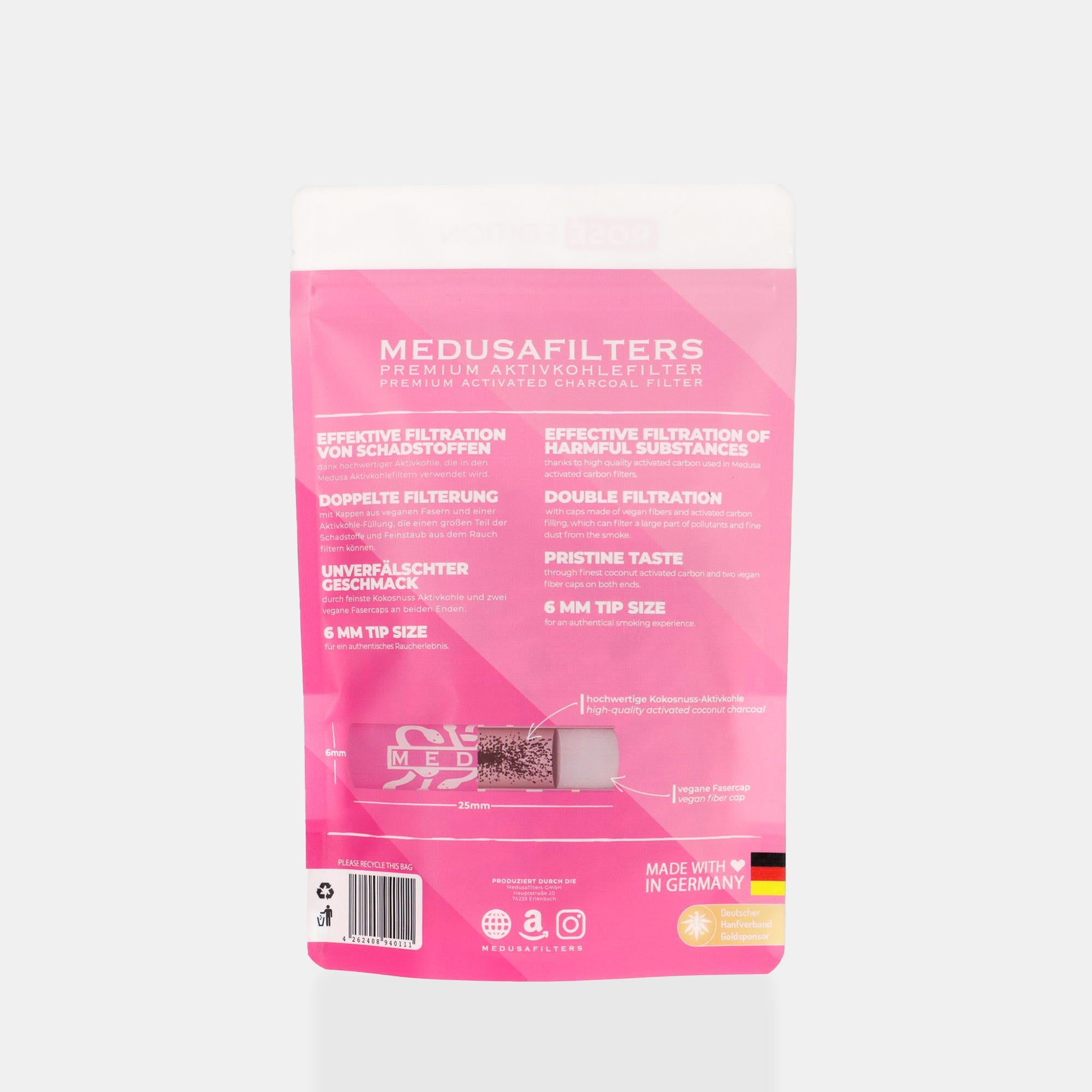 Medusafilters Premium Aktivkohlefilter mit Kokosnuss-Aktivkohle und veganen Fasercaps 250er Packung ROSÉ Edition Tip Size 6 mm Rückseite