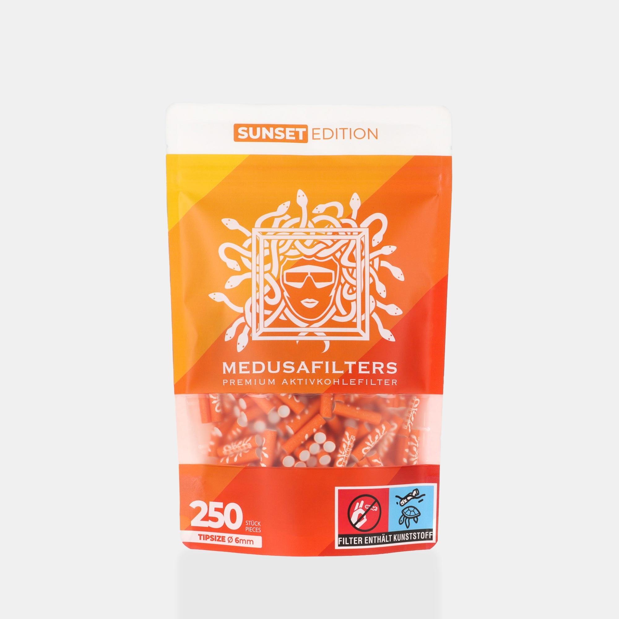 Medusafilters Premium Aktivkohlefilter mit Kokosnuss-Aktivkohle und veganen Fasercaps 250er Packung SUNSET Edition Tip Size 6 mm Frontansicht