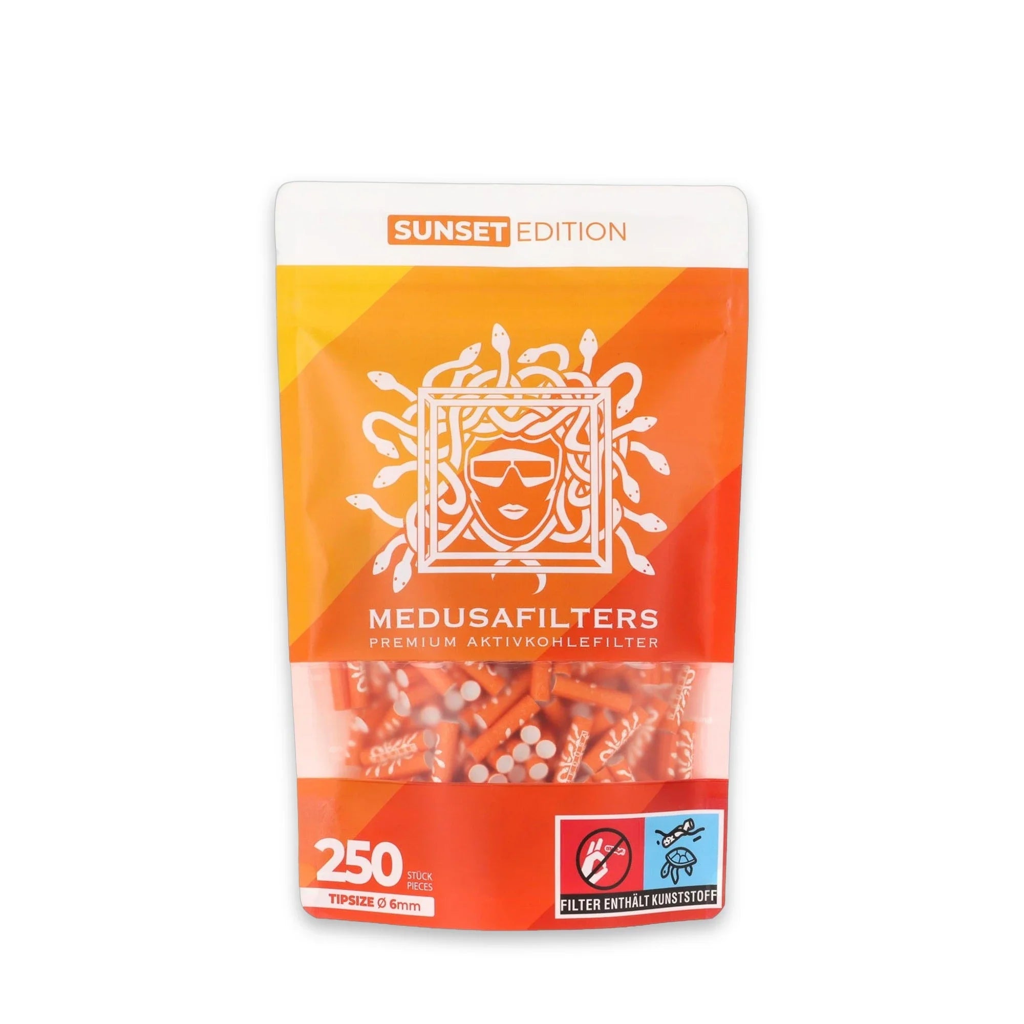Medusafilters Aktivkohlefilter 250er Packung SUNSET Edition – vegane 6 mm Tips mit Kokosnuss-Aktivkohle, Made in Germany