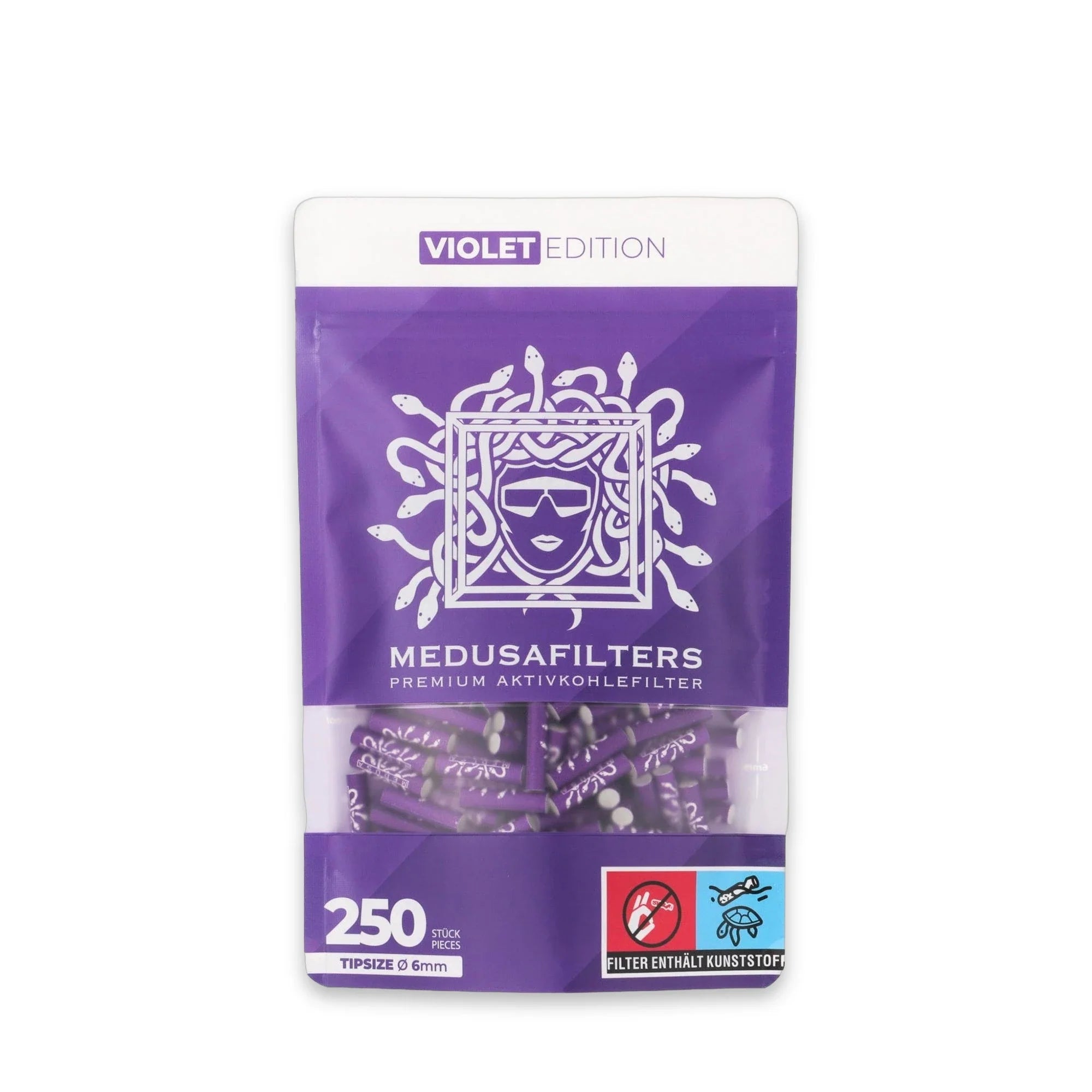 Medusafilters Aktivkohlefilter 250er Packung VIOLET Edition – vegane 6 mm Tips mit Kokosnuss-Aktivkohle, Made in Germany