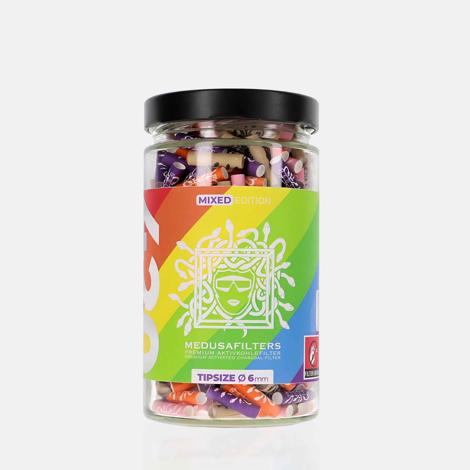 Medusafilters Premium Aktivkohlefilter mit Kokosnuss-Aktivkohle und veganen Fasercaps 420er Glas MIXED Edition Tip Size 6 mm Frontansicht