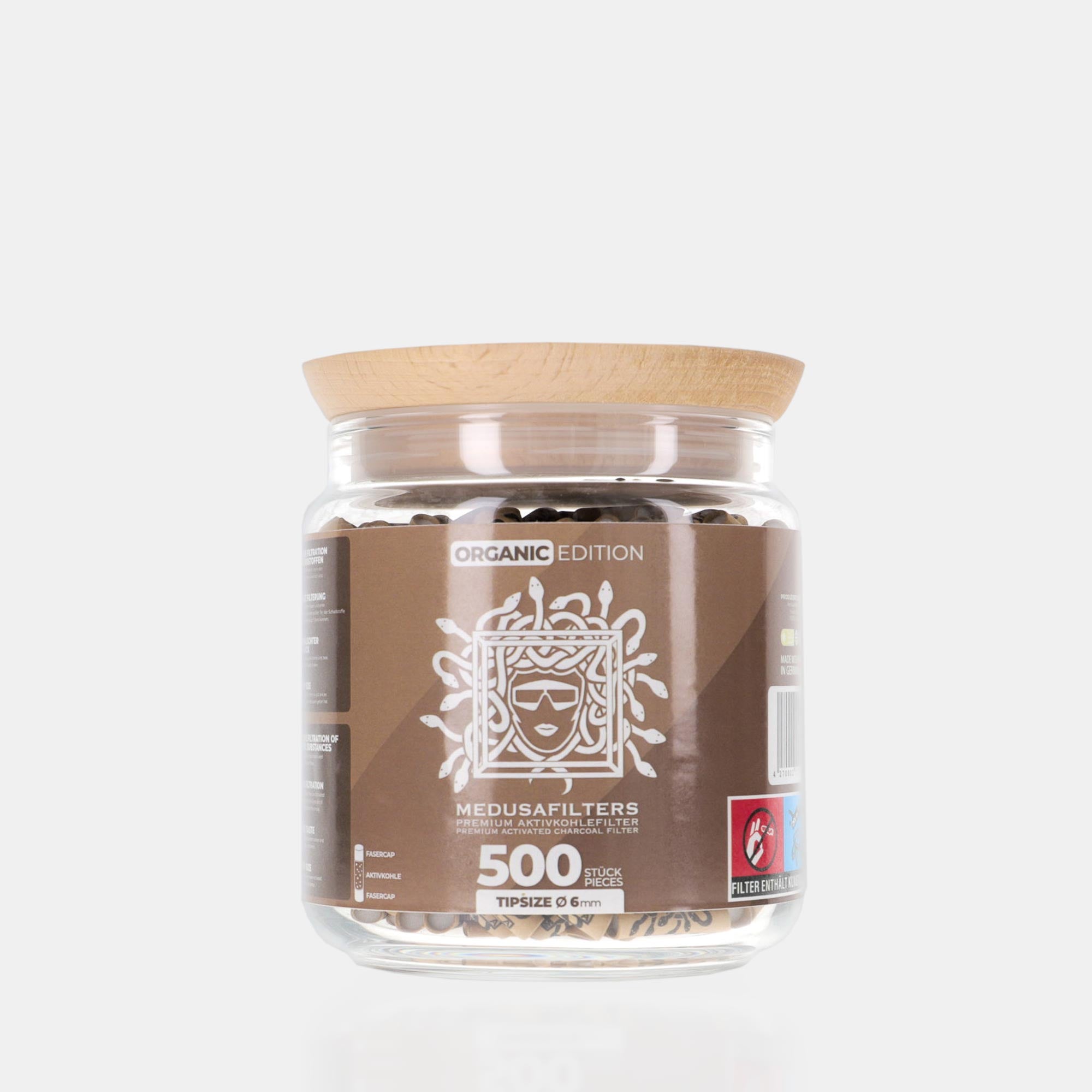 Medusafilters Premium Aktivkohlefilter mit Kokosnuss-Aktivkohle und veganen Fasercaps 500er Glas ORGANIC Edition Tip Size 6 mm Frontansicht