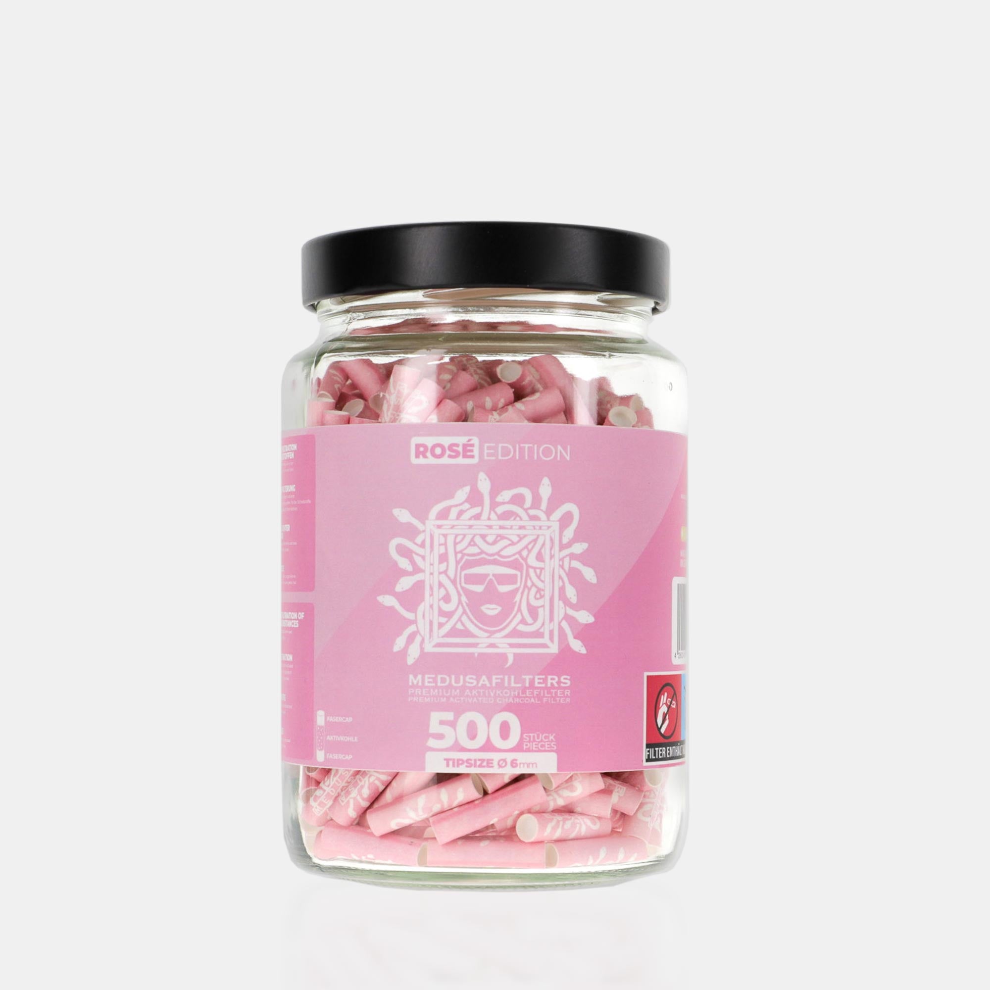 Medusafilters Premium Aktivkohlefilter mit Kokosnuss-Aktivkohle und veganen Fasercaps 500er Glas ROSE Edition Tip Size 6 mm Frontansicht