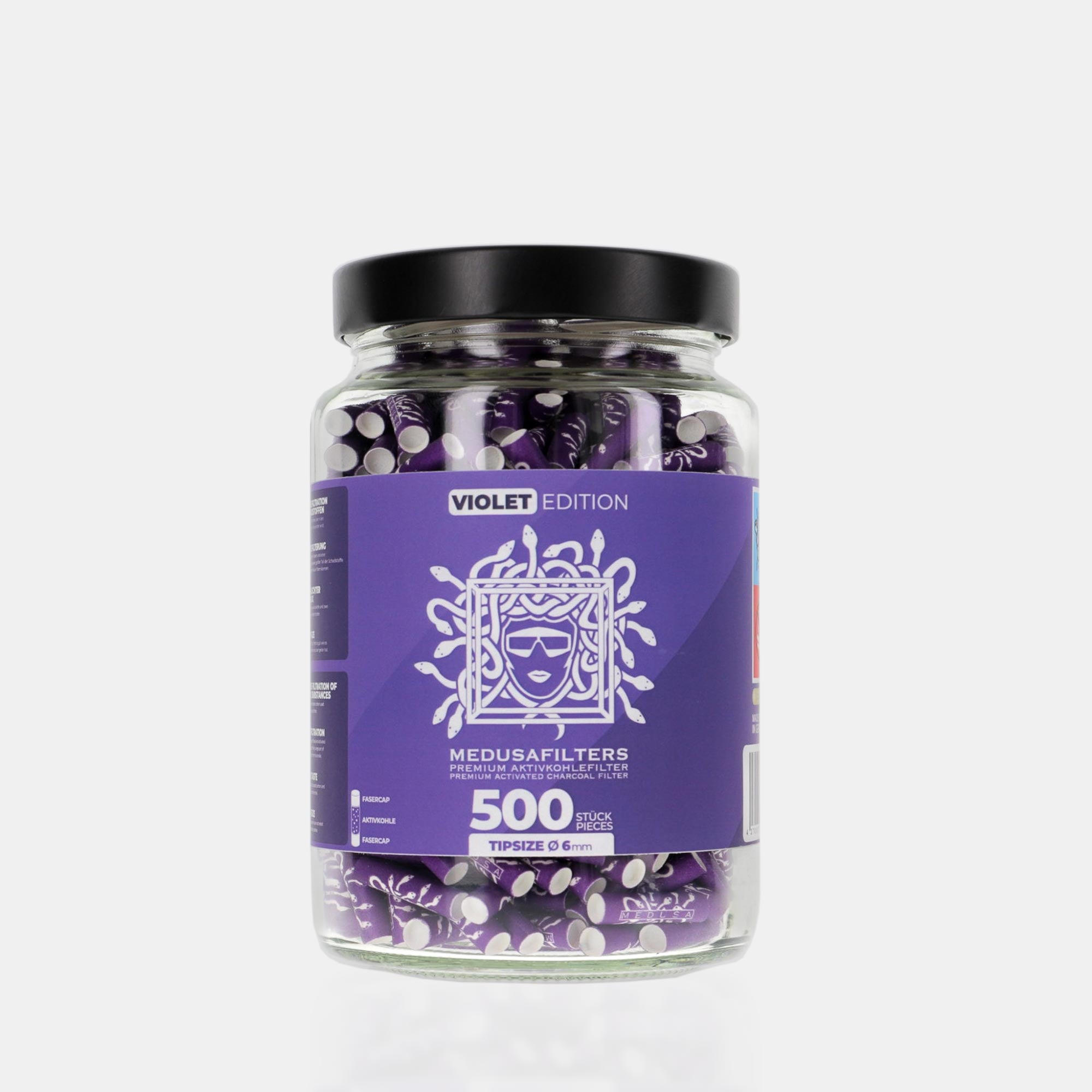 Medusafilters Premium Aktivkohlefilter mit Kokosnuss-Aktivkohle und veganen Fasercaps 500er Glas VIOLET Edition Tip Size 6 mm Frontansicht