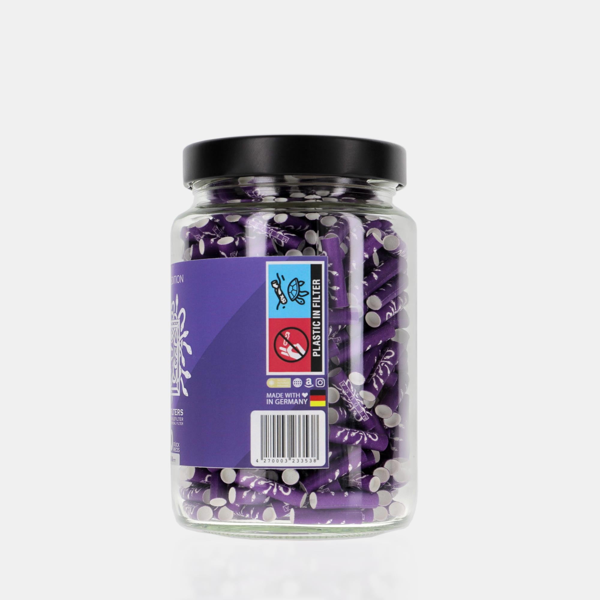 Medusafilters Premium Aktivkohlefilter mit Kokosnuss-Aktivkohle und veganen Fasercaps 500er Glas VIOLET Edition Tip Size 6 mm Rückseite