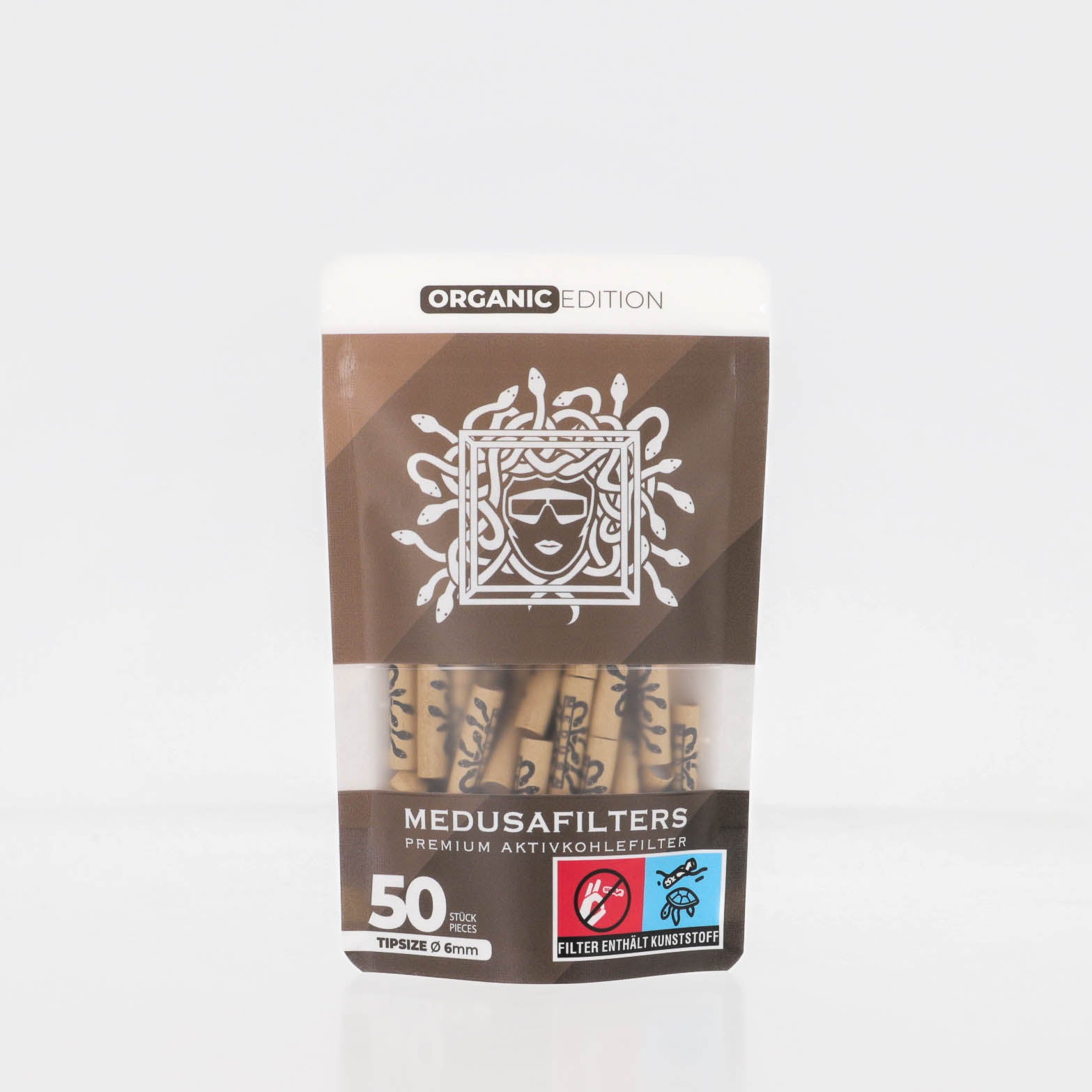 Medusafilters Premium Aktivkohlefilter mit Kokosnuss-Aktivkohle und veganen Fasercaps 50er Packung ORGANIC Edition Tip Size 6 mm Frontansicht