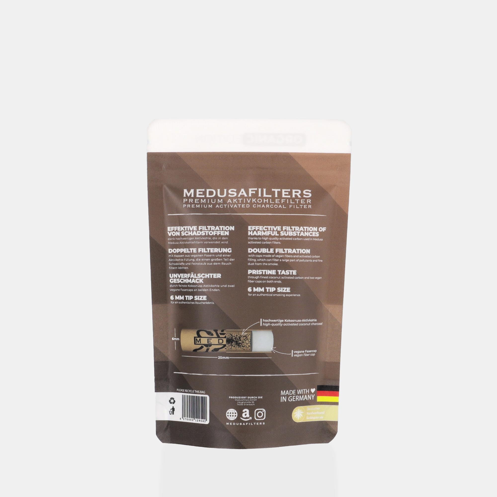 Medusafilters Premium Aktivkohlefilter mit Kokosnuss-Aktivkohle und veganen Fasercaps 50er Packung ORGANIC Edition Tip Size 6 mm Rückseite