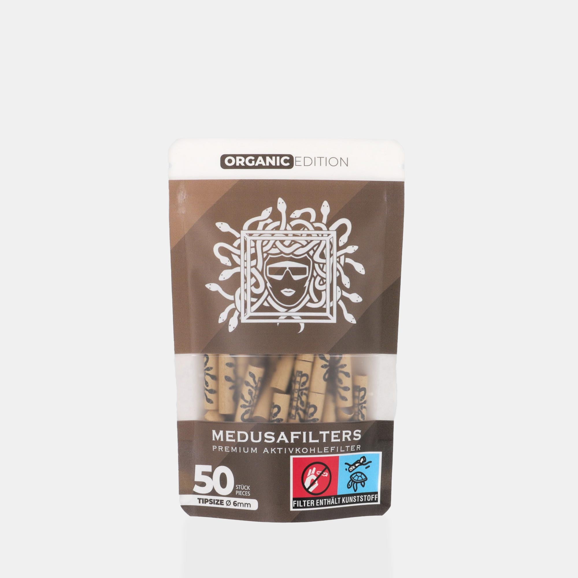 Medusafilters Premium Aktivkohlefilter mit Kokosnuss-Aktivkohle und veganen Fasercaps 50er Packung ORGANIC Edition Tip Size 6 mm Frontansicht