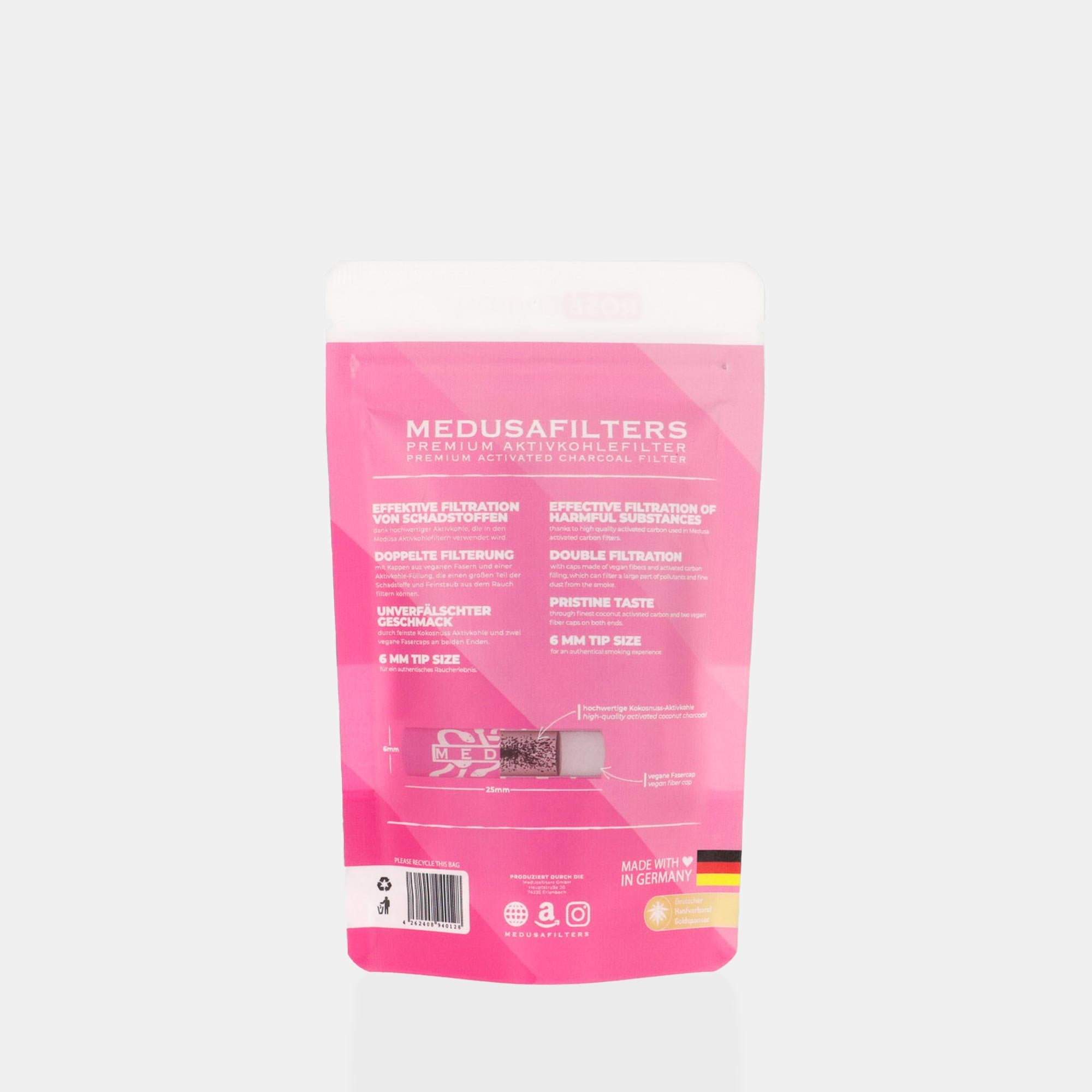 Medusafilters Premium Aktivkohlefilter mit Kokosnuss-Aktivkohle und veganen Fasercaps 50er Packung ROSÉ Edition Tip Size 6 mm Rückseite