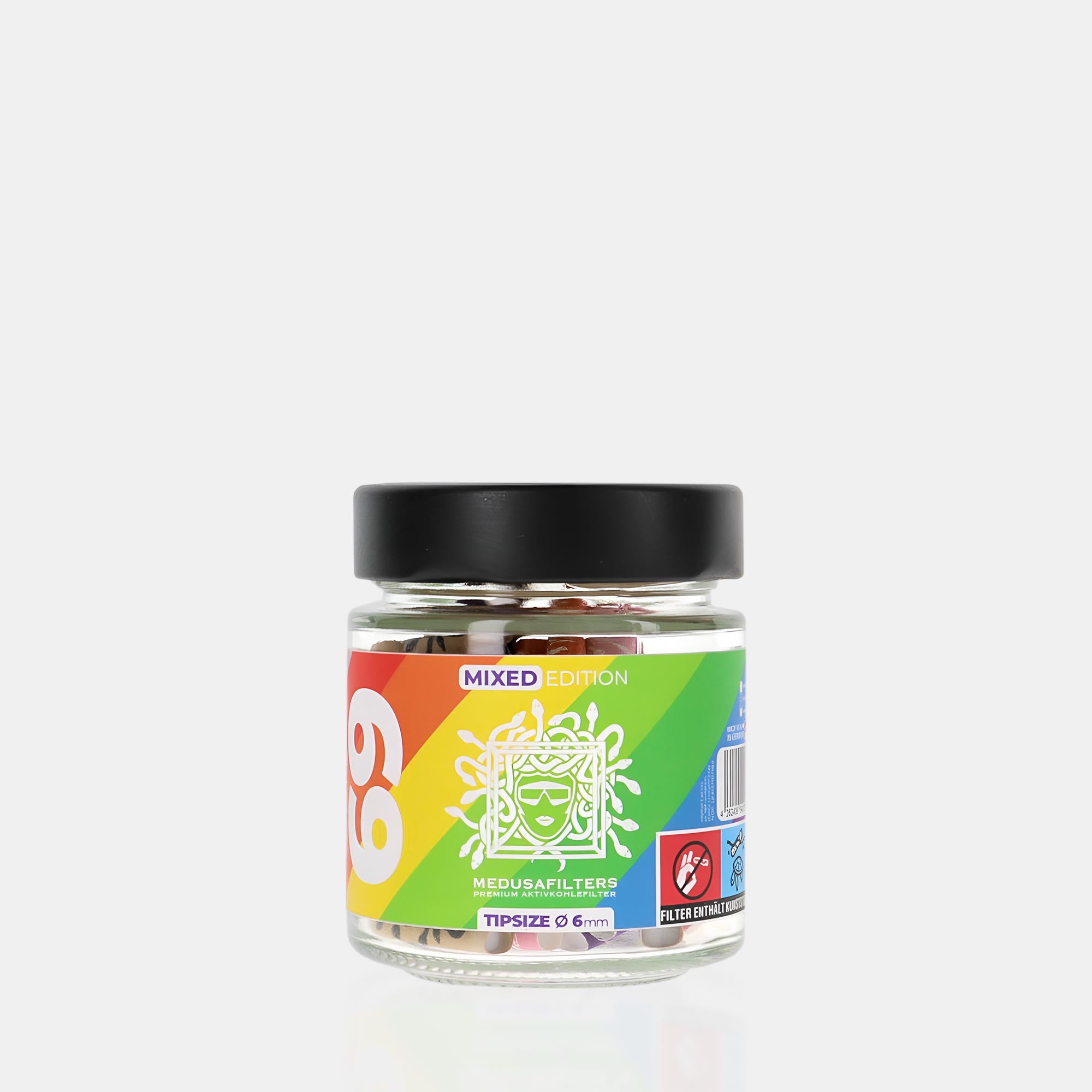 Medusafilters Premium Aktivkohlefilter mit Kokosnuss-Aktivkohle und veganen Fasercaps 69er Glas MIXED Edition Tip Size 6 mm Frontanasicht
