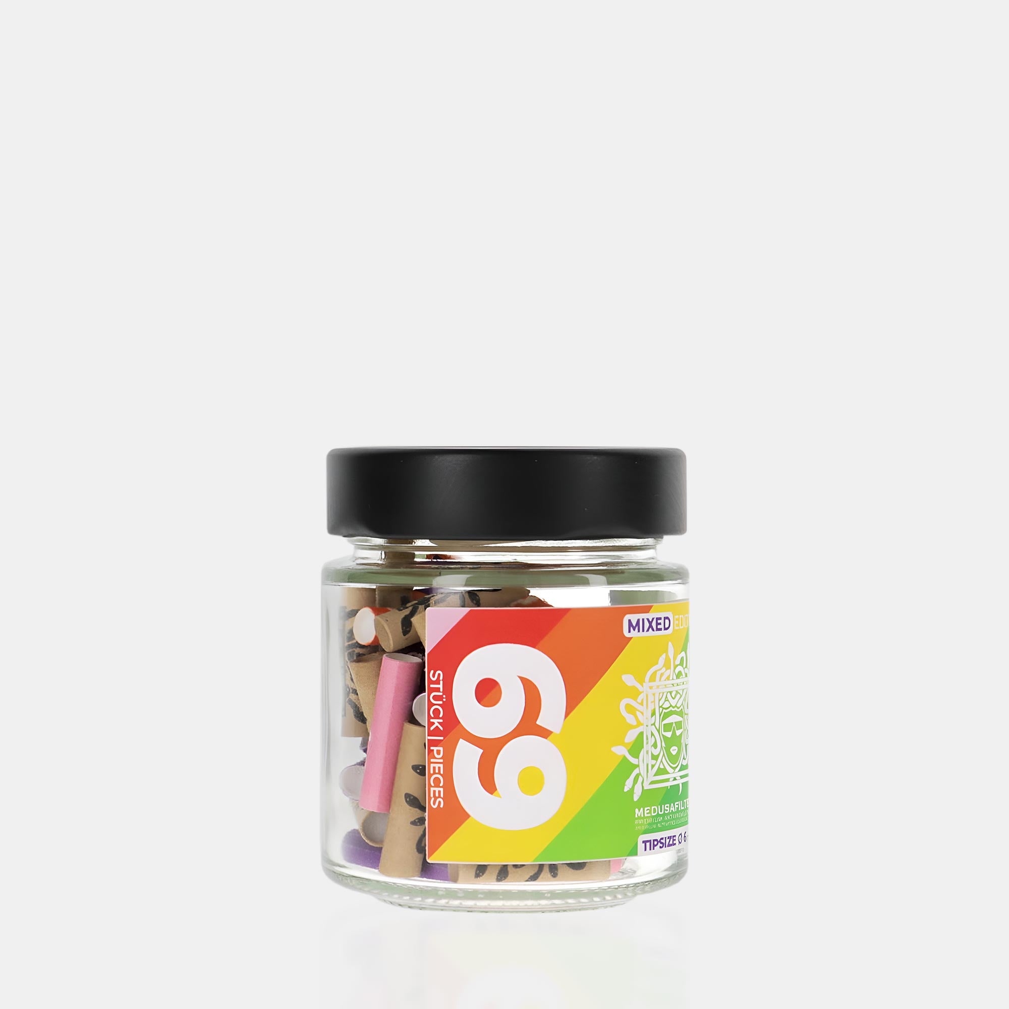 Medusafilters Premium Aktivkohlefilter mit Kokosnuss-Aktivkohle und veganen Fasercaps 69er Glas MIXED Edition Tip Size 6 mm Seite A