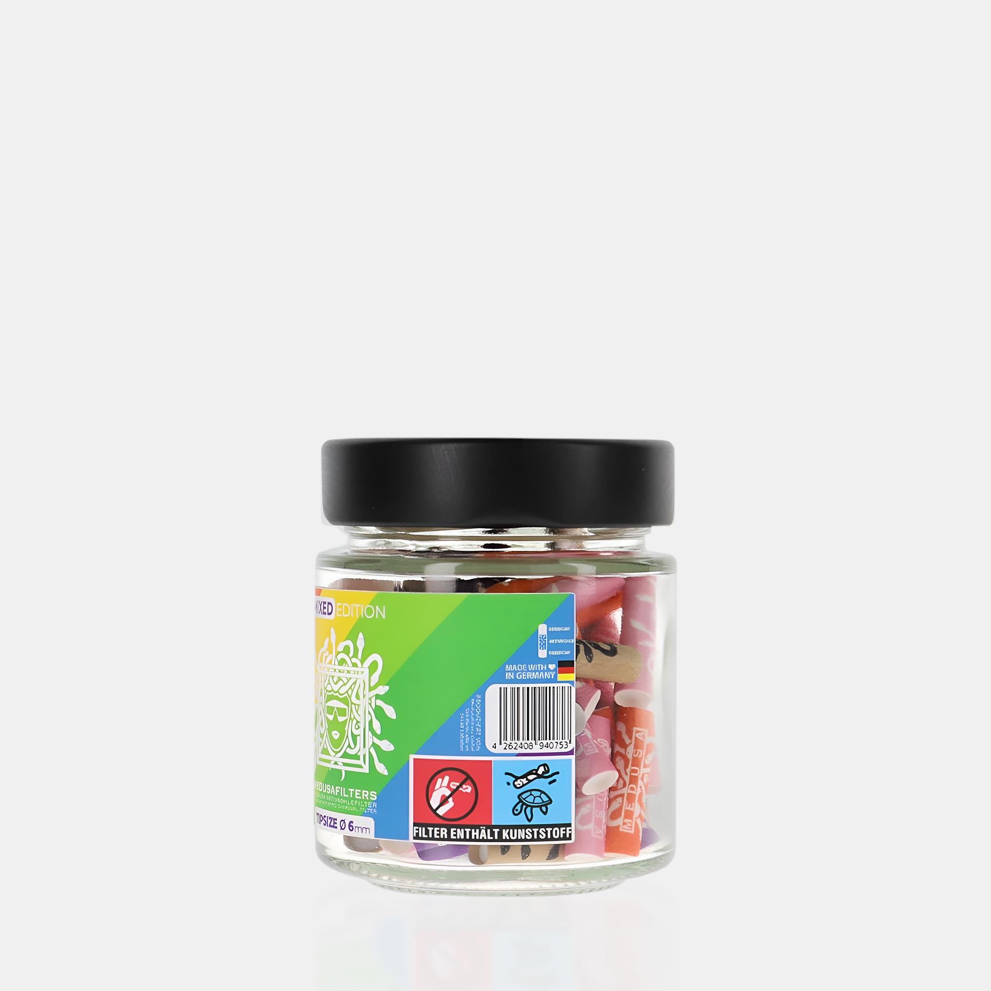 Medusafilters Premium Aktivkohlefilter mit Kokosnuss-Aktivkohle und veganen Fasercaps 69er Glas MIXED Edition Tip Size 6 mm Seite B