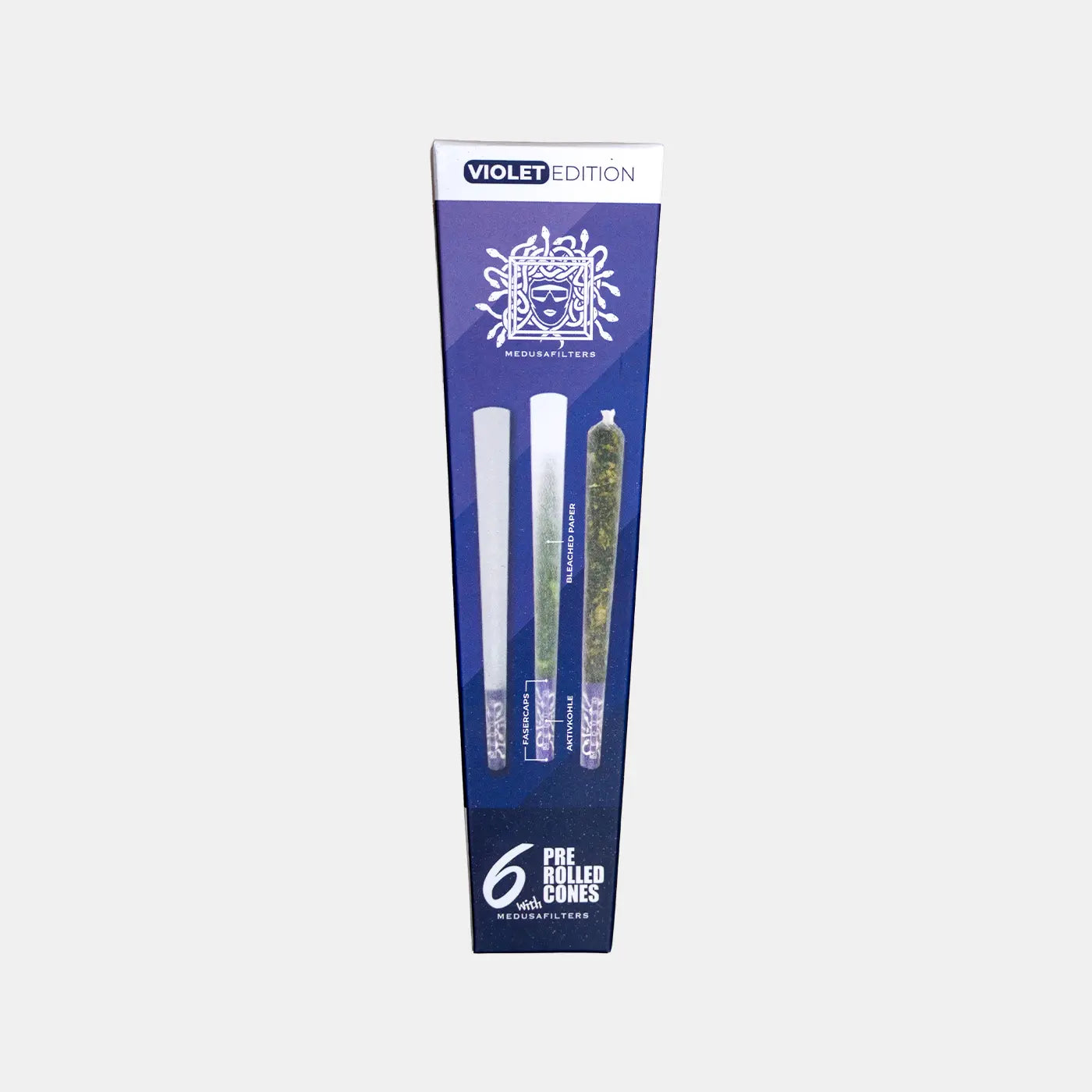 Medusafilters 6 Pre Rolled Cones mit BLEACHED Longpapers King Size Slim und Premium Kokosnuss-Aktivkohlefilter VIOLET Edition Tip Size 6 mm Frontansicht