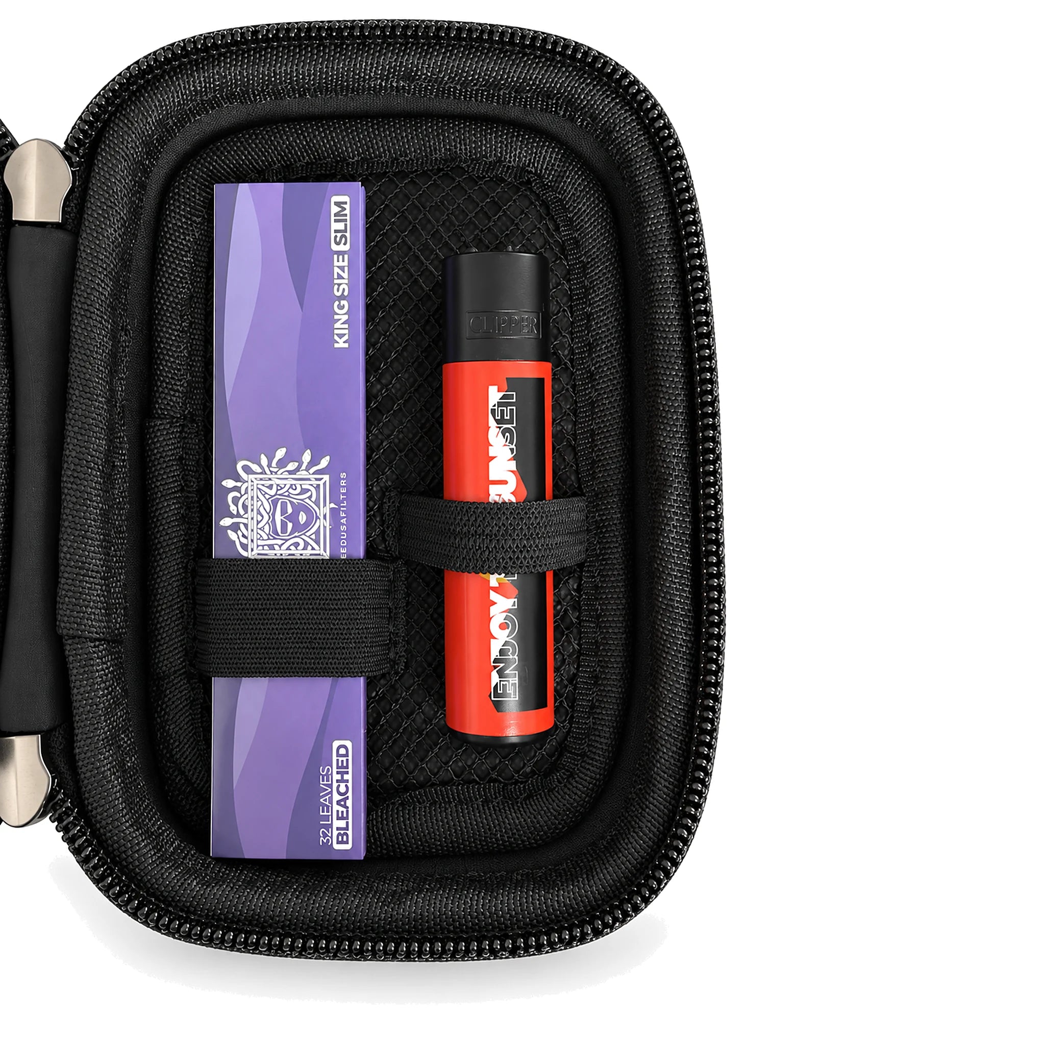 Travel Hardcase Innenfach mit Longpapers und Feuerzeug in Gummischlaufen