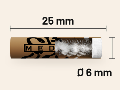 Aufgeschnittener ORGANIC Aktivkohlefilter mit Kokosnuss-Aktivkohle und Faserkappe, 25 mm lang, Ø 6 mm