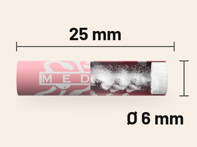 Aufgeschnittener ROSÉ Aktivkohlefilter mit Kokosnuss-Aktivkohle und Faserkappe, 25 mm lang, Ø 6 mm