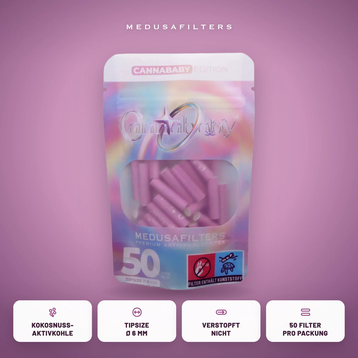 Medusafilters Aktivkohlefilter 6 mm CANNABABY Edition, 50er-Packung, Kokosnuss-Aktivkohle, Tipsize 6 mm