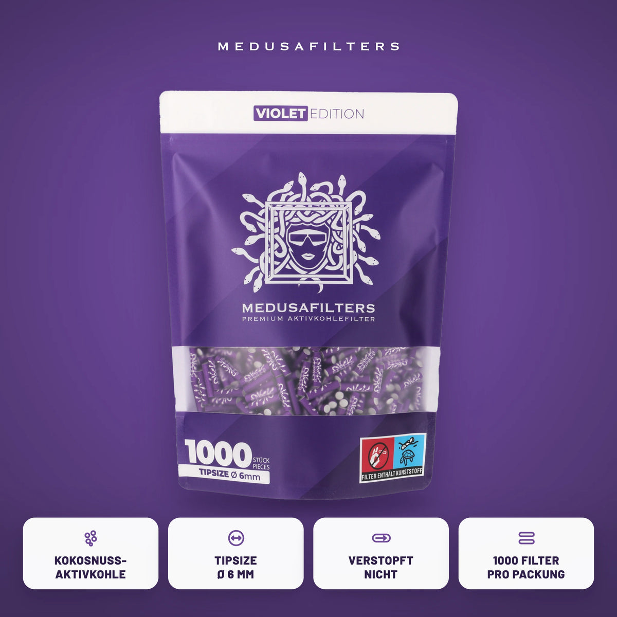 Medusafilters Aktivkohlefilter 6 mm VIOLET Edition, 1000er-Packung, Kokosnuss-Aktivkohle, Tipsize 6 mm