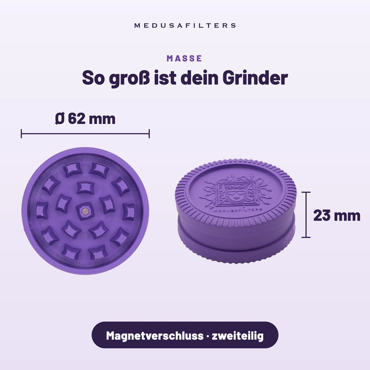 So groß ist dein Grinder: VIOLET, Draufsicht Ø 62 mm und Seitenansicht 23 mm hoch, Magnetverschluss, zweiteilig