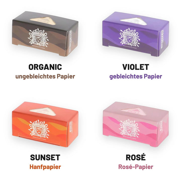 Endless Rolls in vier Sorten: ORGANIC mit ungebleichtem Papier, VIOLET mit gebleichtem Papier, SUNSET mit Hanfpapier, ROSÉ mit Rosé-Papier
