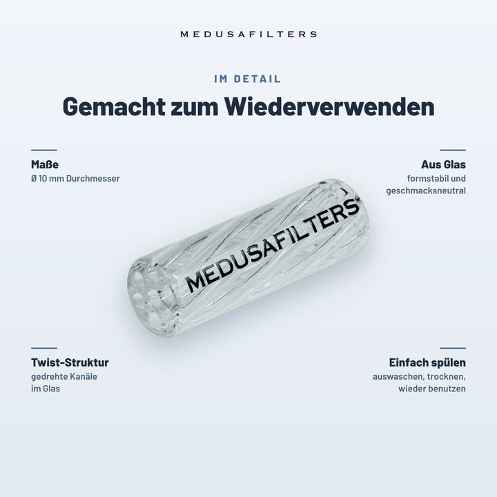 Gemacht zum Wiederverwenden: Twisted Glasfilter TRANSPARENT, Ø 10 mm. Aus Glas, formstabil und geschmacksneutral; Twist-Struktur mit gedrehten Kanälen; einfach spülen, trocknen, wieder benutzen