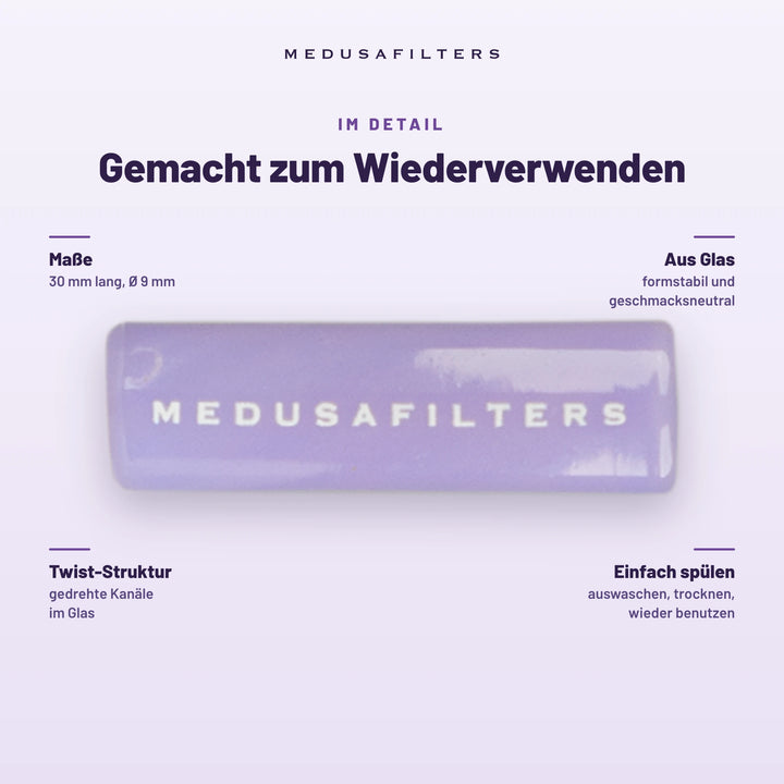 Gemacht zum Wiederverwenden: Twisted Glasfilter VIOLET, 30 mm lang, Ø 9 mm. Aus Glas, formstabil und geschmacksneutral; Twist-Struktur mit gedrehten Kanälen; einfach spülen, trocknen, wieder benutzen