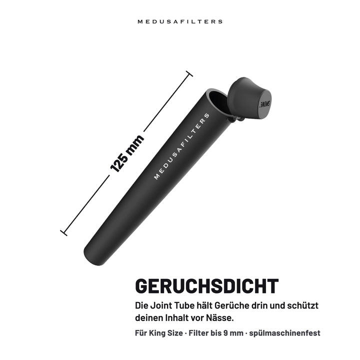 Joint Tube ORGANIC, 125 mm lang, mit geöffnetem Deckel. Geruchsdicht: hält Gerüche drin und schützt deinen Inhalt vor Nässe. Für King Size, Filter bis 9 mm, spülmaschinenfest