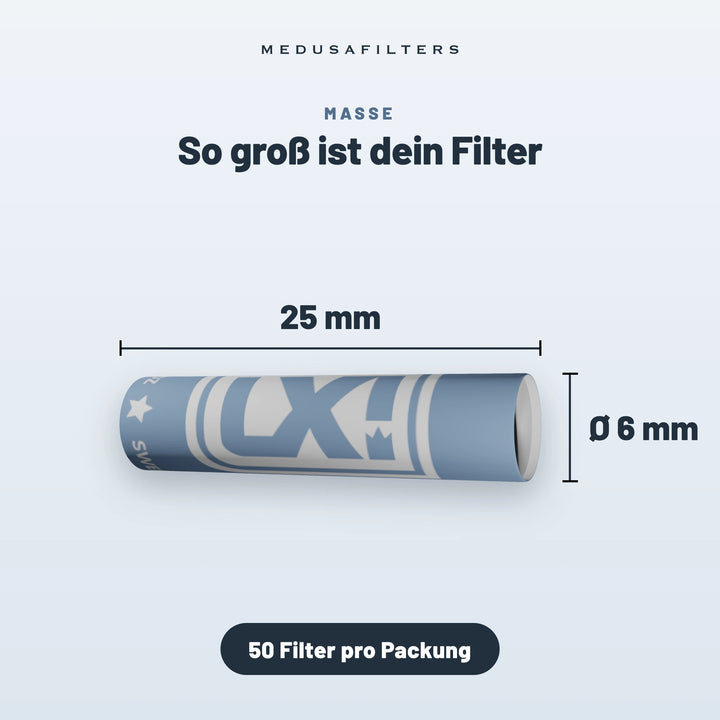 So groß ist dein Filter: Aktivkohlefilter im Design von LX, 25 mm lang, Ø 6 mm, 50 Filter pro Packung