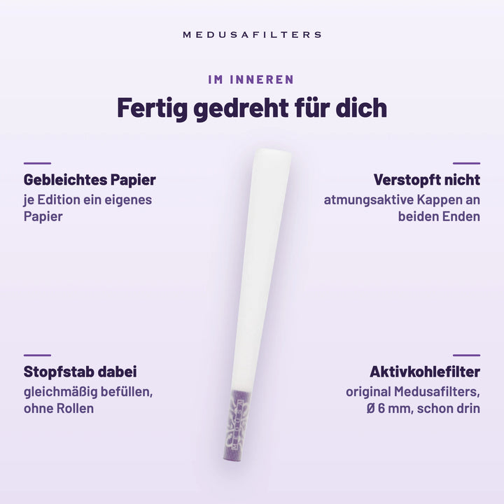 Fertig gedreht für dich: Pre-Rolled Cone VIOLET mit gebleichtem Papier; Aktivkohlefilter Ø 6 mm schon drin; verstopft nicht dank atmungsaktiver Kappen an beiden Enden; Stopfstab dabei