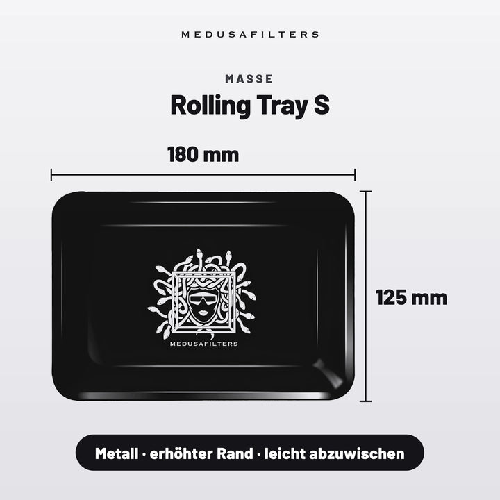Maße Rolling Tray S in BLACK: 180 × 125 mm, Metall mit erhöhtem Rand, leicht abzuwischen