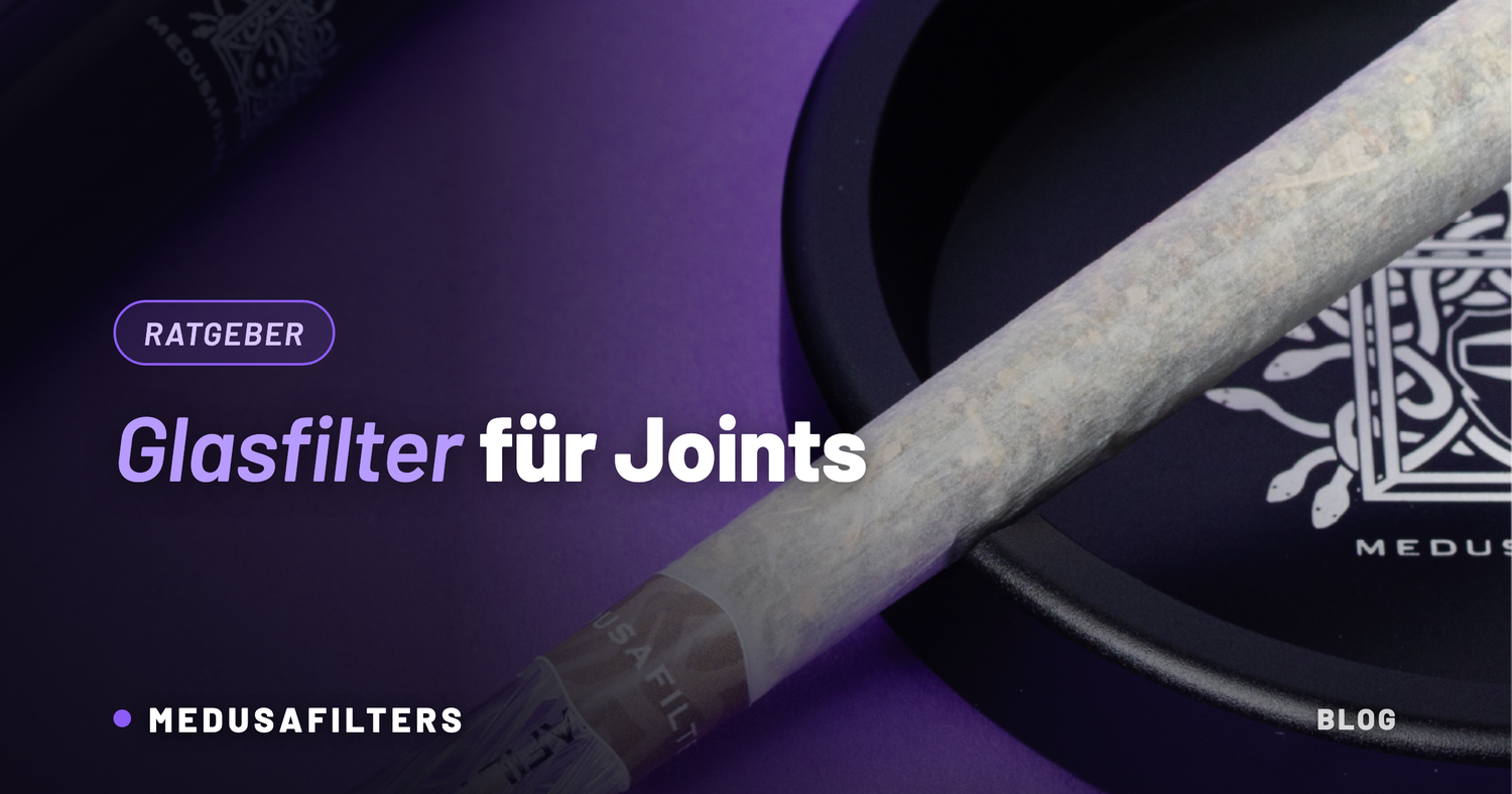Gedrehter Joint mit Glasfilter als Mundstück auf einem Medusafilters-Aschenbecher
