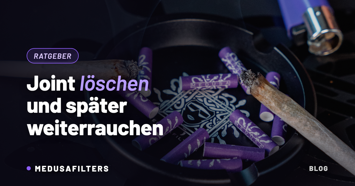 Joint löschen: angerauchter Joint auf einem Aschenbecher mit violetten 6-mm-Aktivkohlefiltern